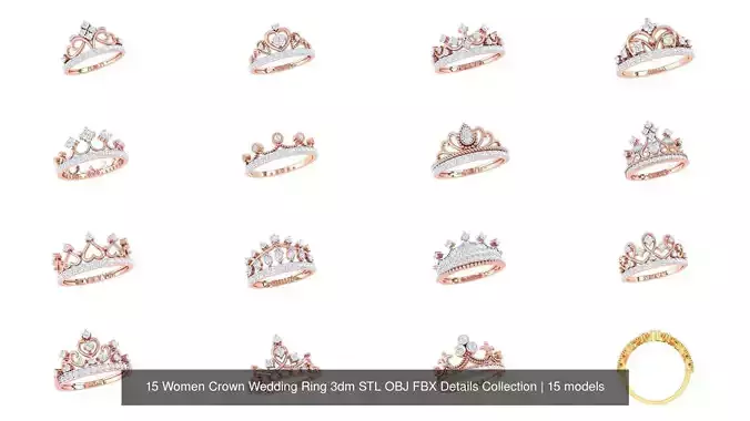 15 Women Wedding Crown Ring 3dm STL OBJ FBX Details Collection