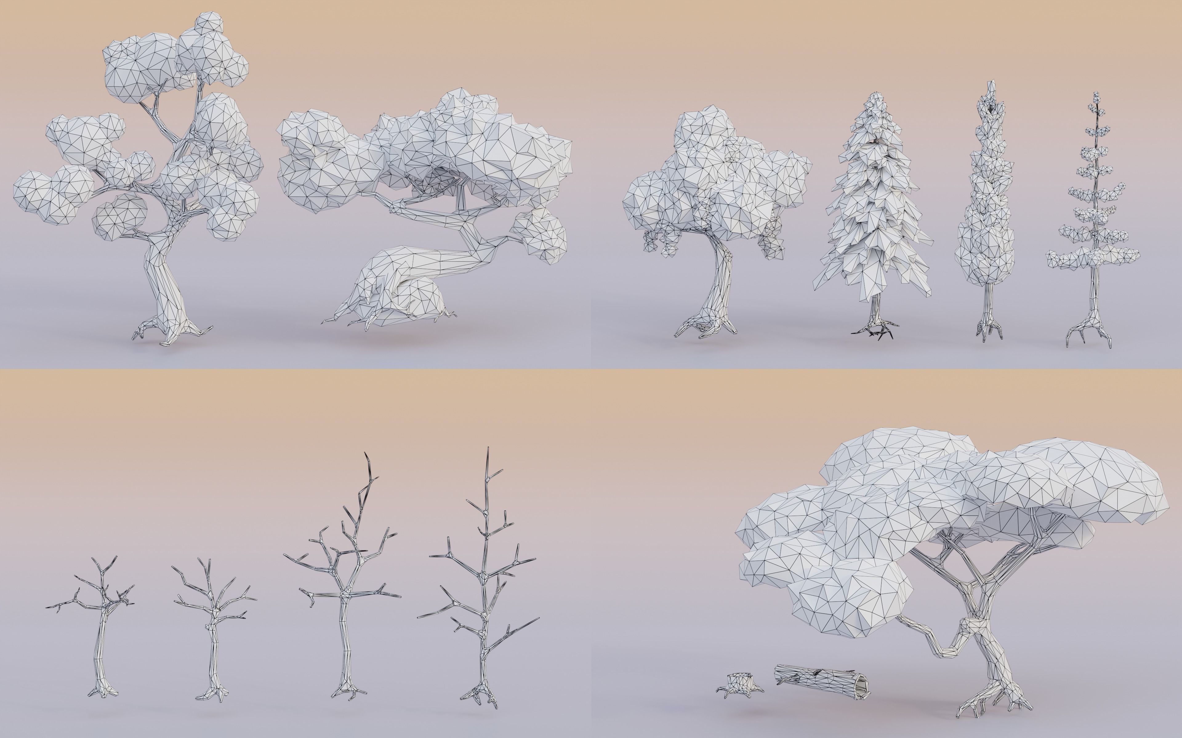 Tree set Stylized Low-poly 3D model_2