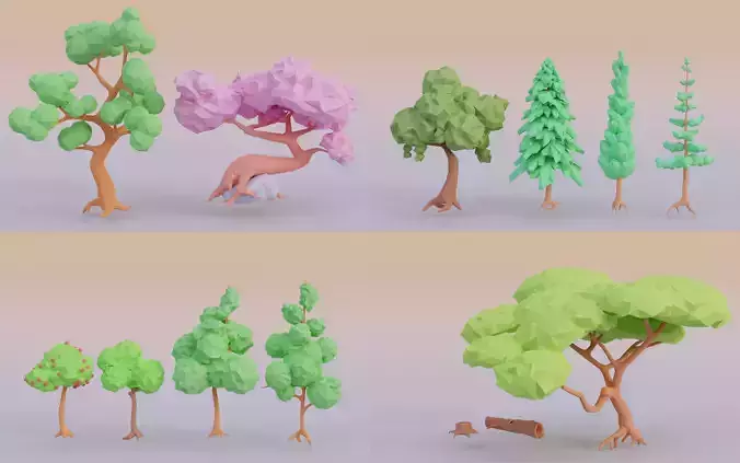 Tree set Stylized Low-poly 3D model