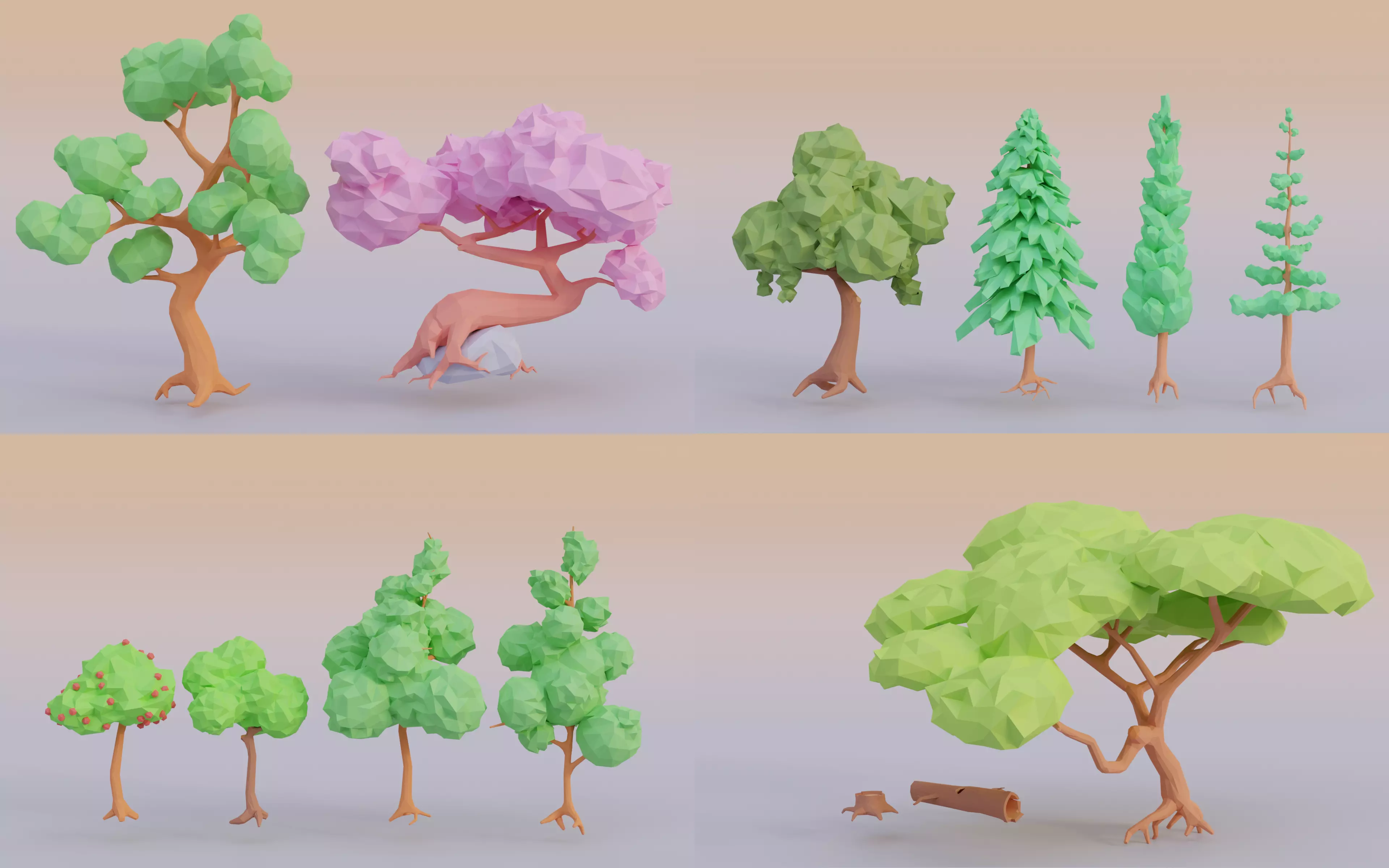 Tree set Stylized Low-poly 3D model_0