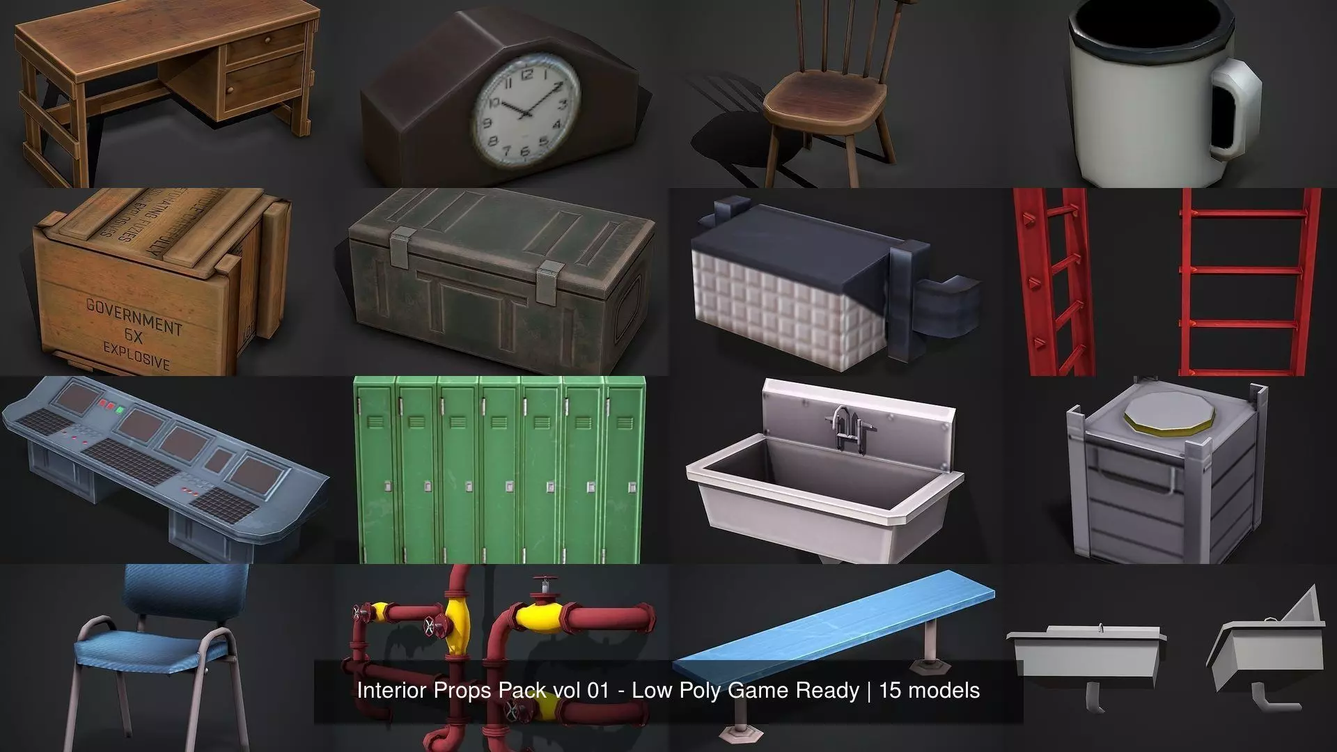 Interior Props Pack vol 01 - Low Poly Game Ready 3D Model Collection_0