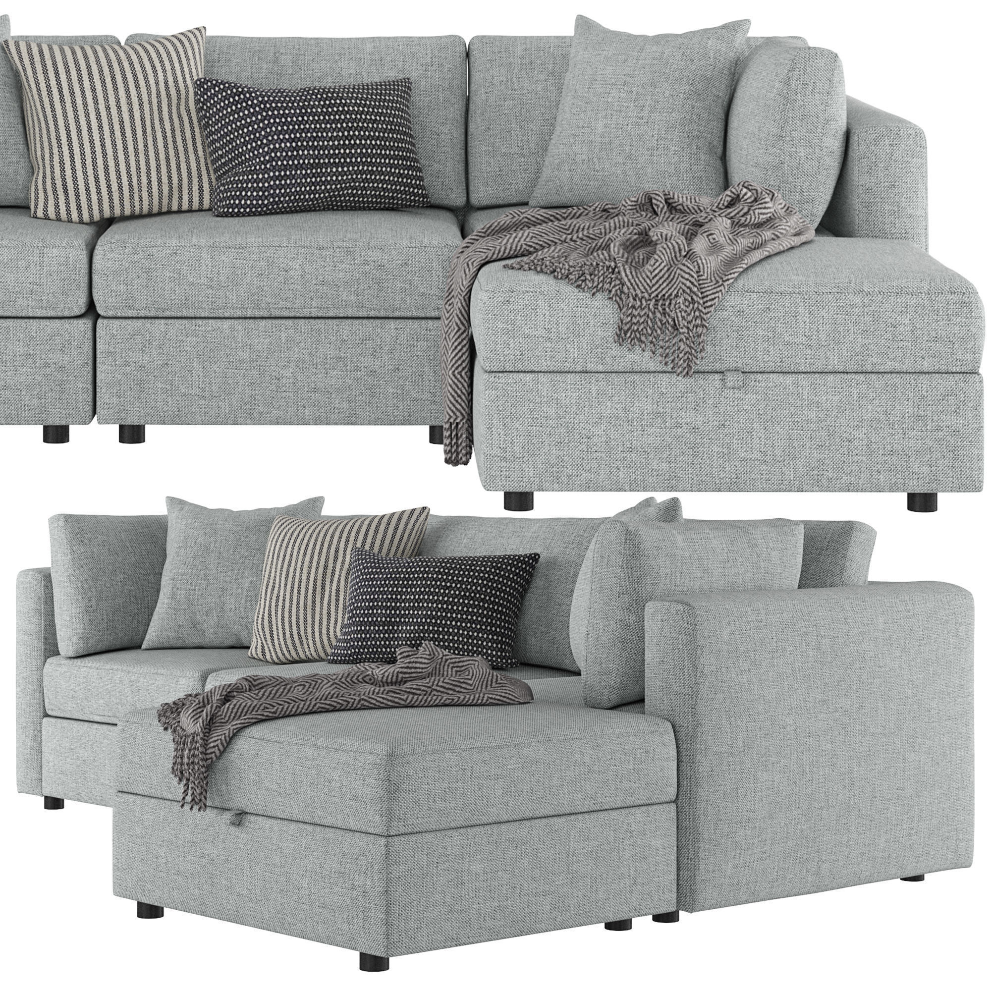 Modular Square Arm Upholstered 4-Piece Chaise Sectional Sofa 3D model_4