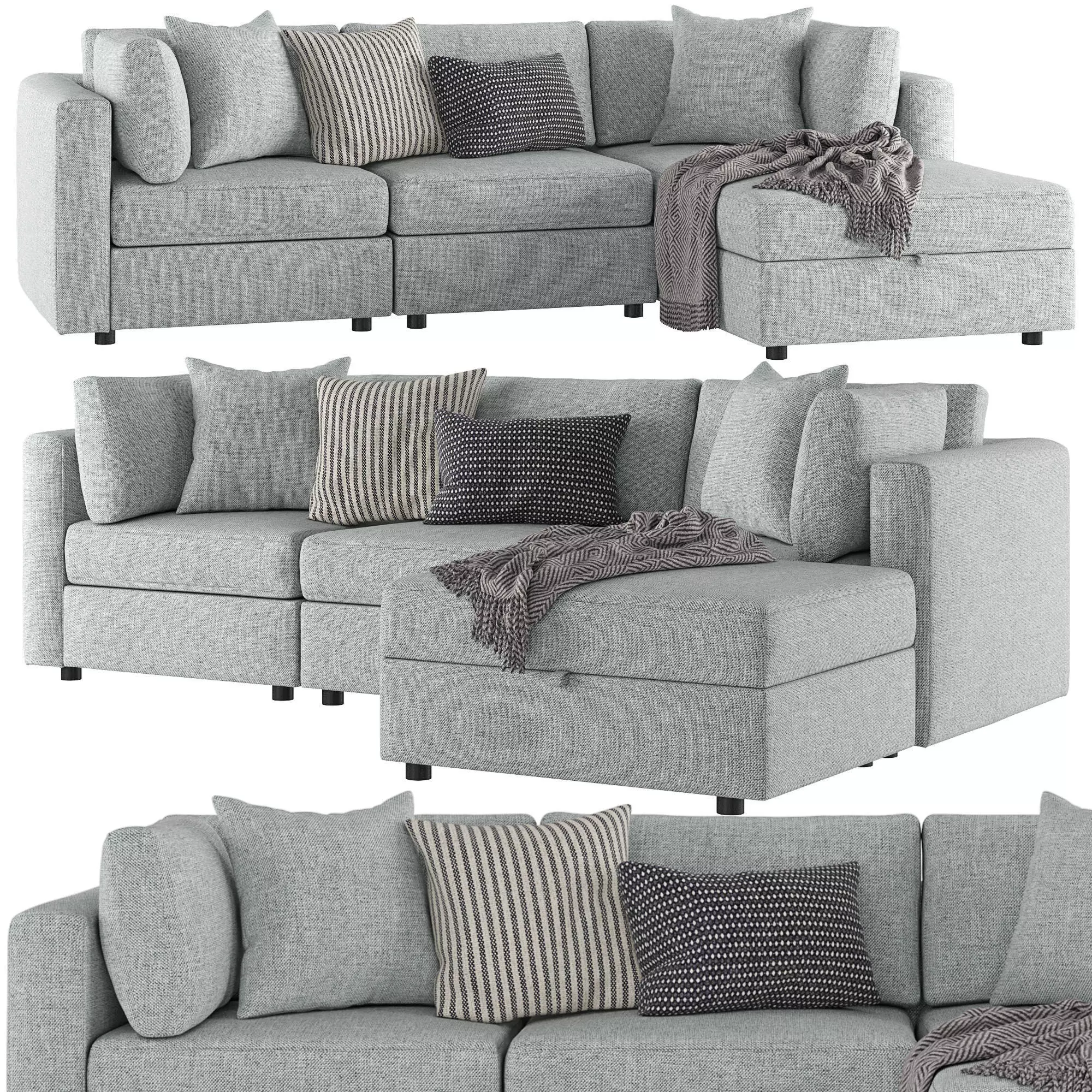 Modular Square Arm Upholstered 4-Piece Chaise Sectional Sofa 3D model_0