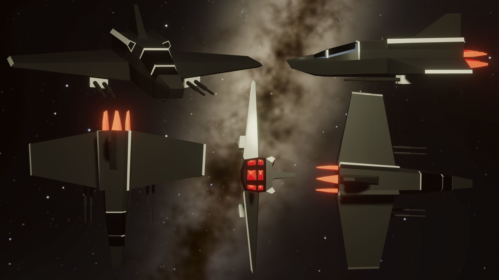 Lowpoly Spacecraft four fighter jets in space 3D model_1