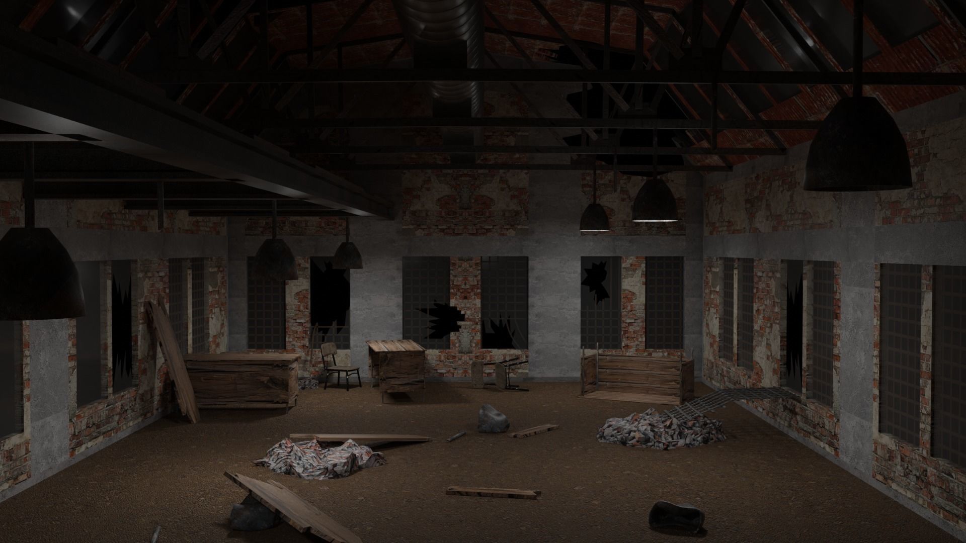 Abandoned Old hangar Low-poly 3D model_2