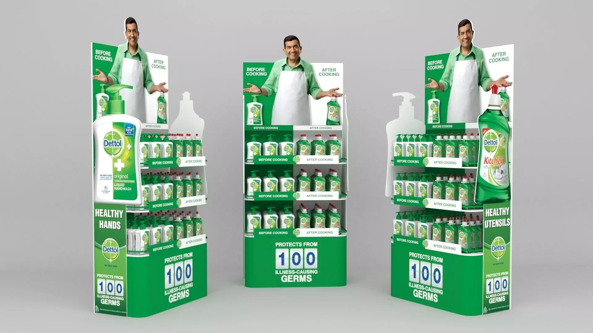 exterior three display stands with bottles of cleaning products Free low-poly 3D model