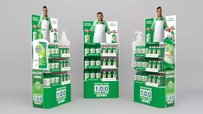 exterior three display stands with bottles of cleaning products Free low-poly 3D model