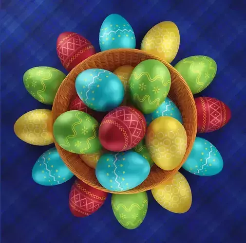 Painted Easter eggs in wicker basket