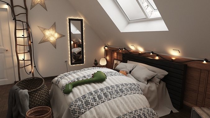 The Room attic bedroom with lights and bed Low-poly 3D model