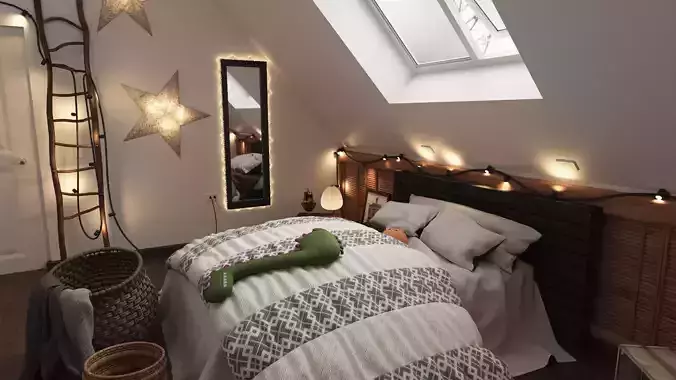 The Room attic bedroom with lights and bed