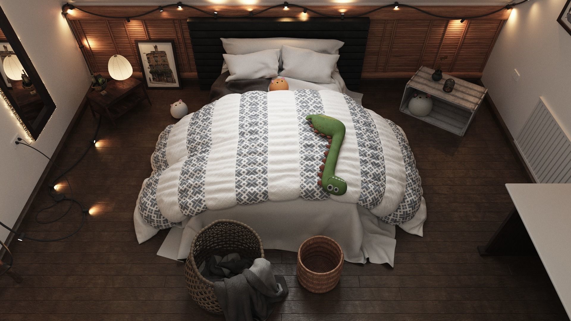 The Room attic bedroom with lights and bed Low-poly 3D model_2