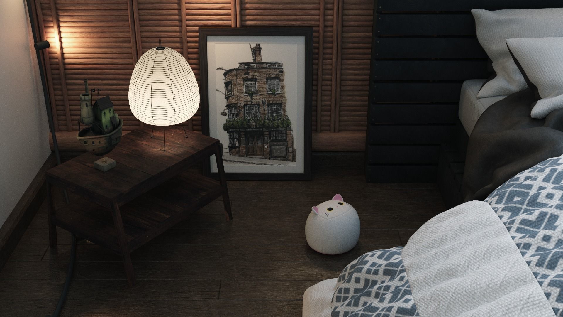 The Room attic bedroom with lights and bed Low-poly 3D model_5