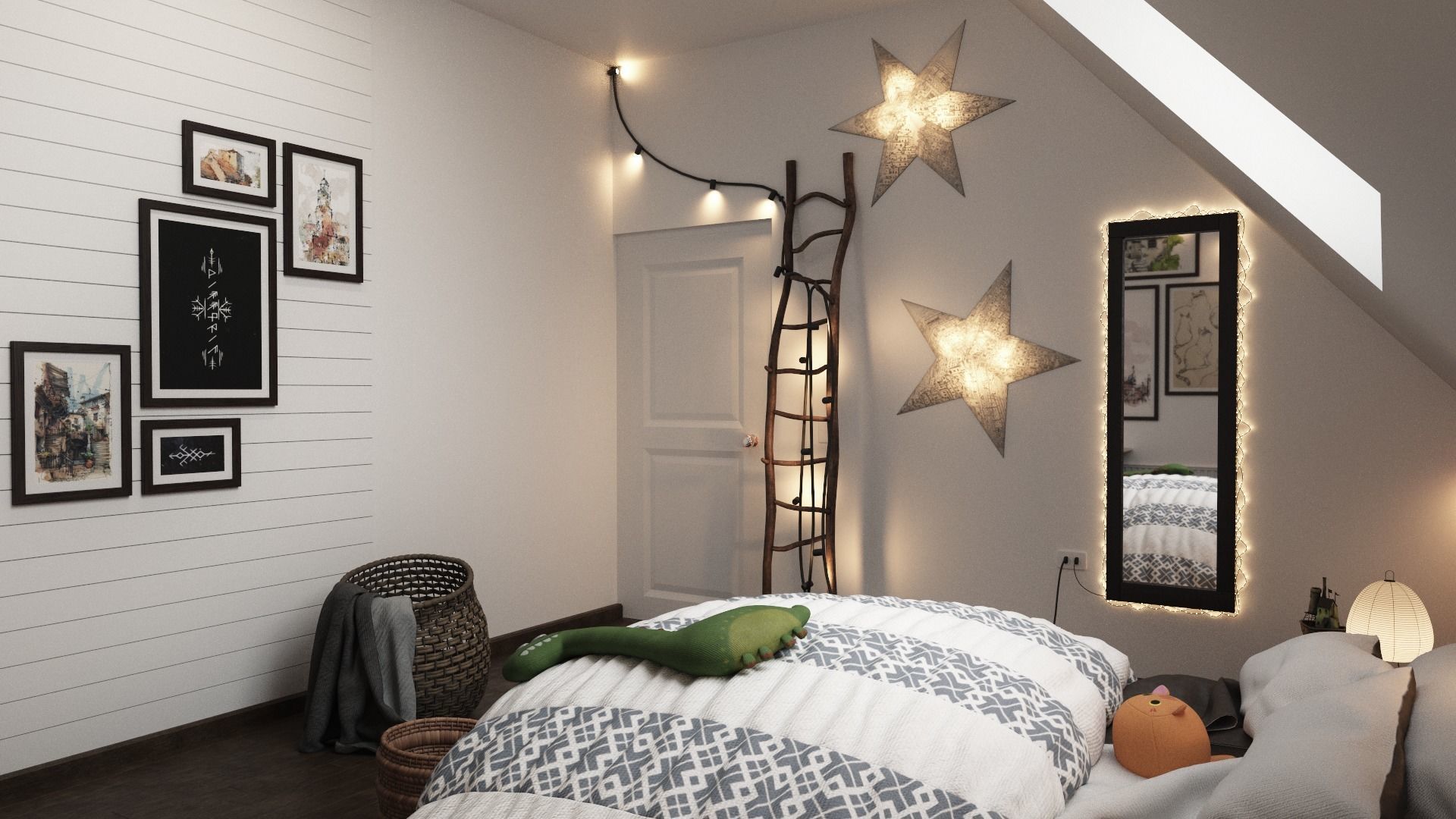 The Room attic bedroom with lights and bed Low-poly 3D model_4