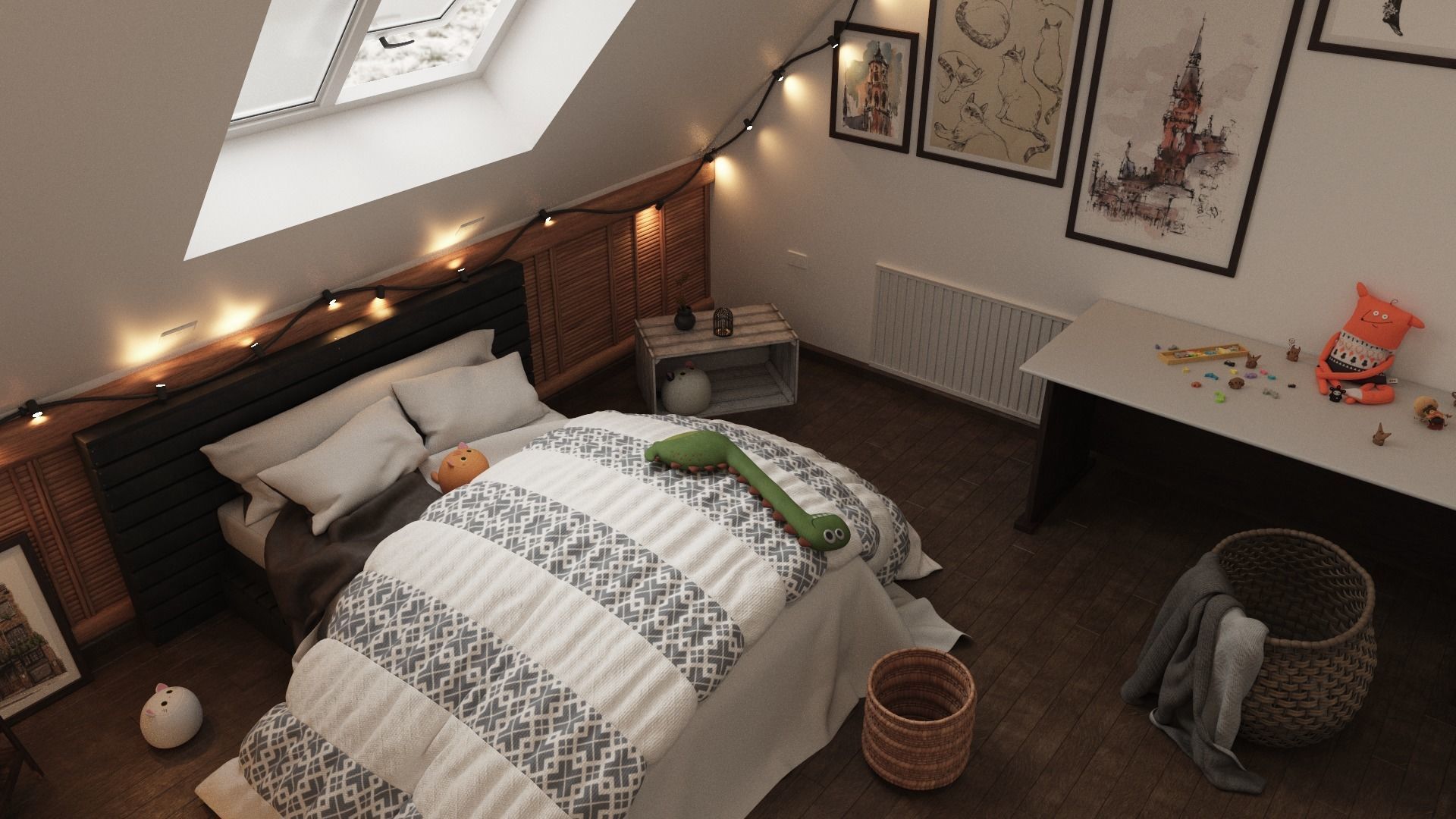 The Room attic bedroom with lights and bed Low-poly 3D model_3