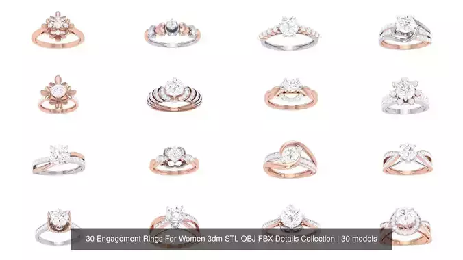 30 Engagement Rings For Women 3dm STL OBJ FBX Details Collection
