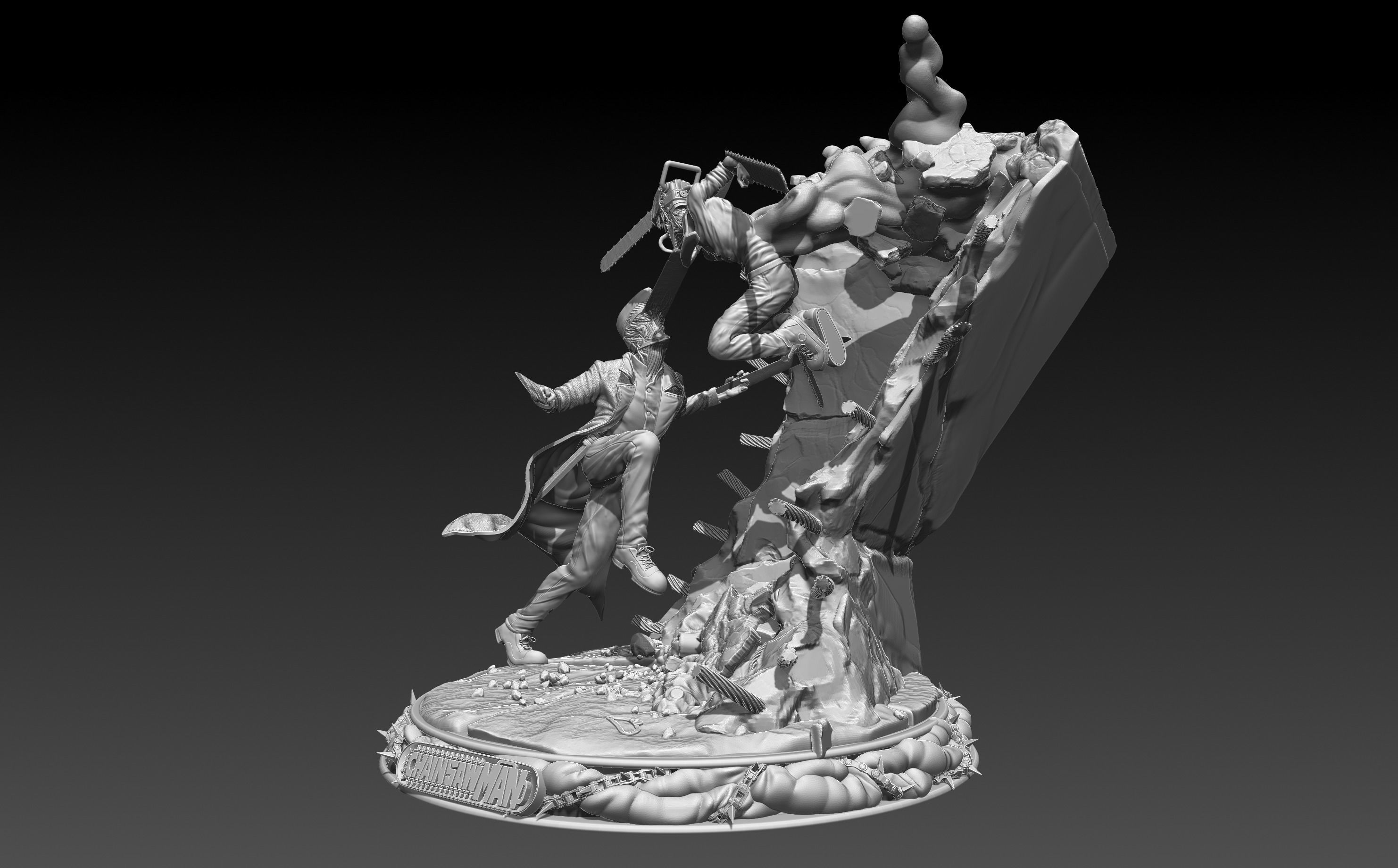 Chainsaw Man Denji Vs Katana Battle Statue  3D print model_3