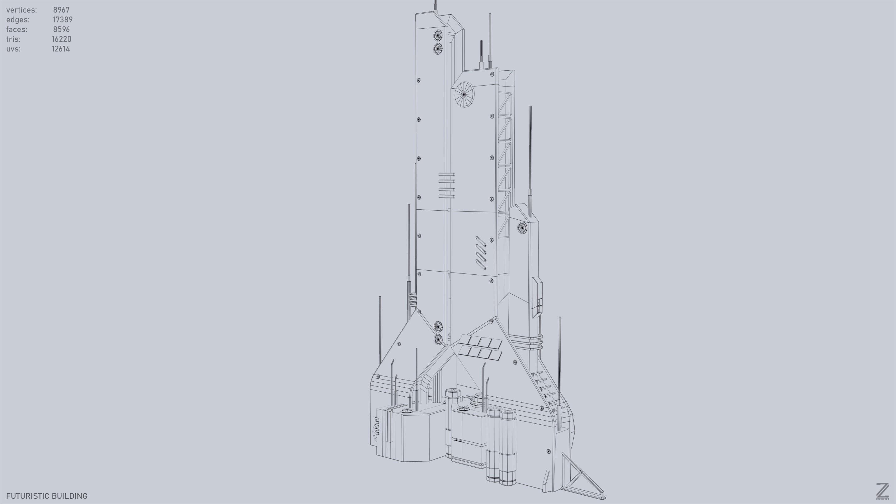 Futuristic building Low-poly 3D model_9