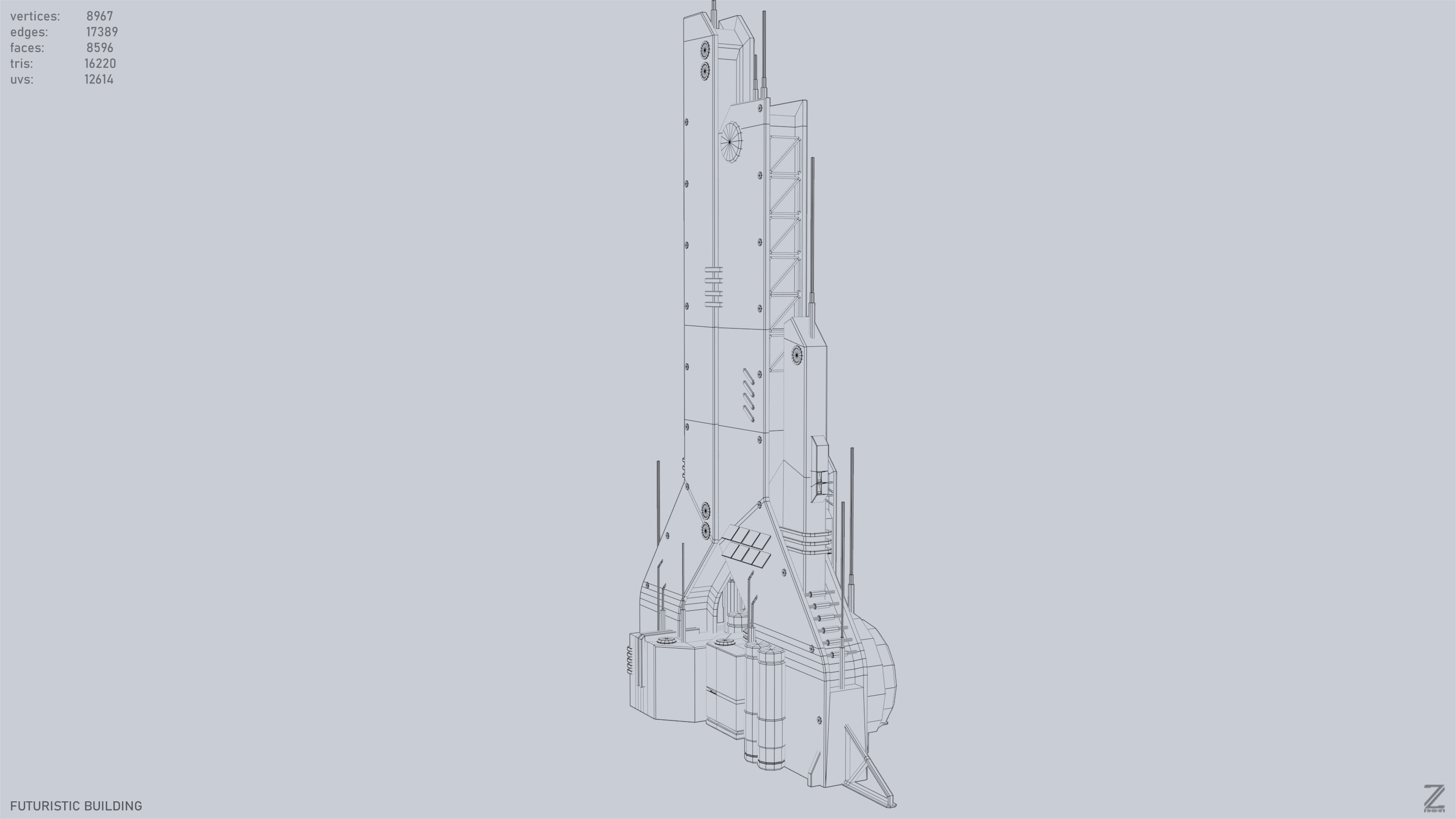 Futuristic building Low-poly 3D model_10