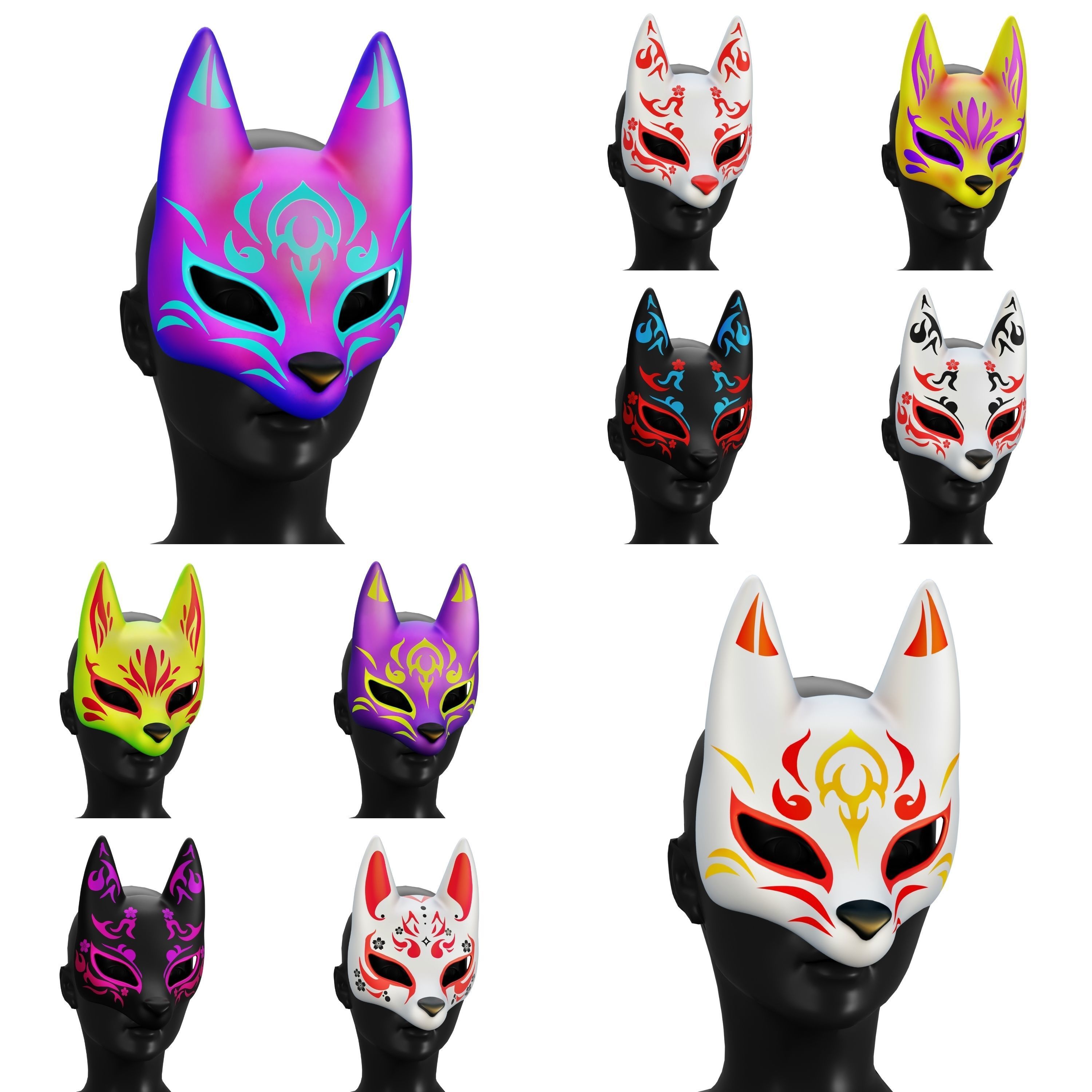 Kitsune Mask Bundle 10 In 1 - Japanese Anime Low-poly 3D model_1