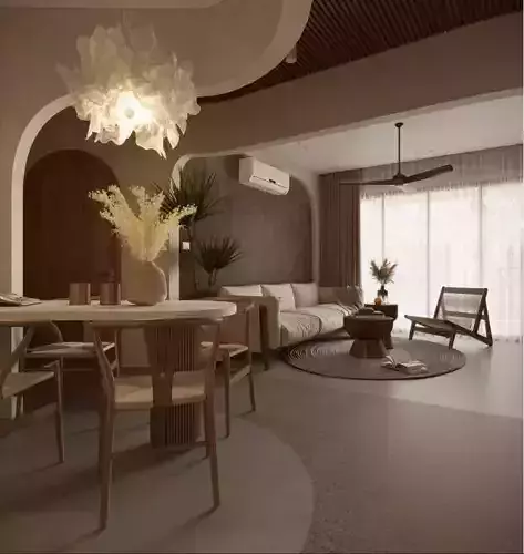 3D Living Room  Kitchen Interior Model