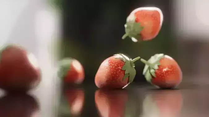 strawberry 3D model strawberries falling on table