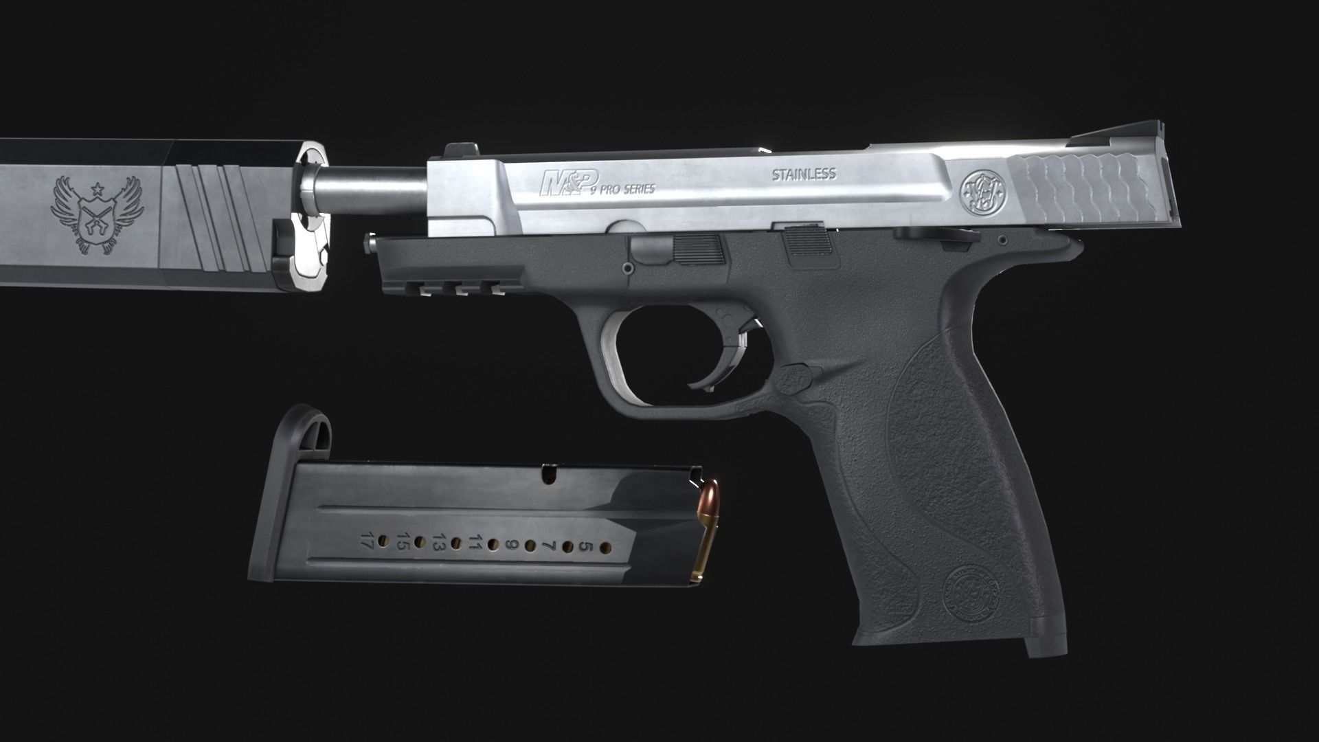 MP9 Pro Series Handgun plus Osprey Suppressor - Game Asset Low-poly 3D model_9