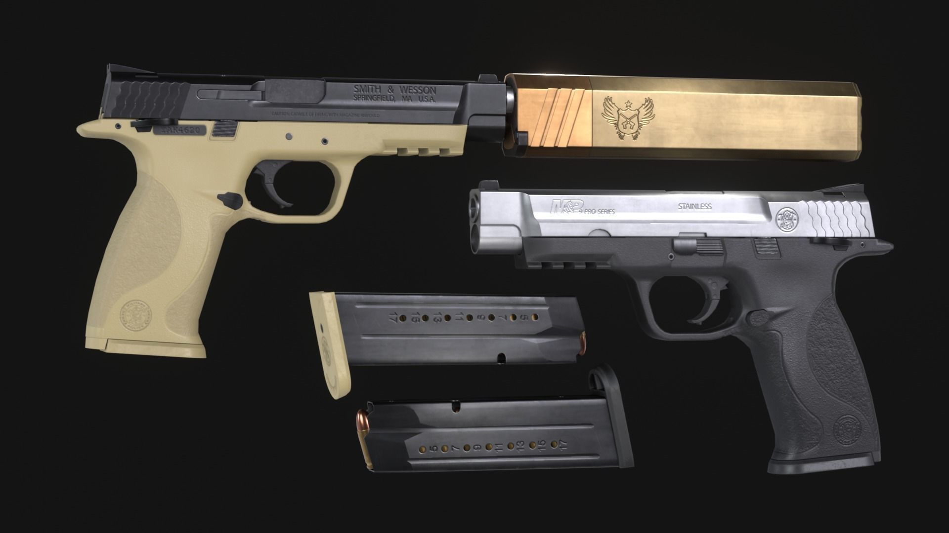 MP9 Pro Series Handgun plus Osprey Suppressor - Game Asset Low-poly 3D model_4