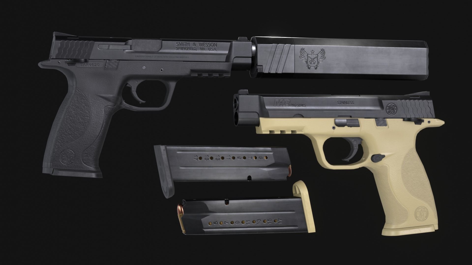 MP9 Pro Series Handgun plus Osprey Suppressor - Game Asset Low-poly 3D model_3