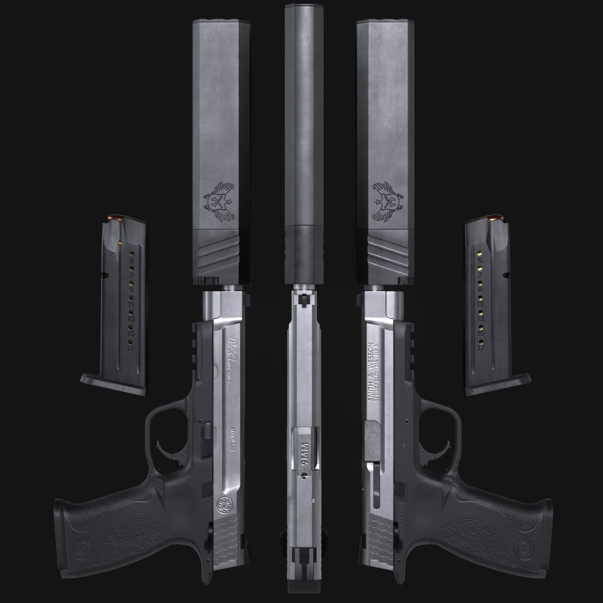 MP9 Pro Series Handgun plus Osprey Suppressor - Game Asset Low-poly 3D model_11