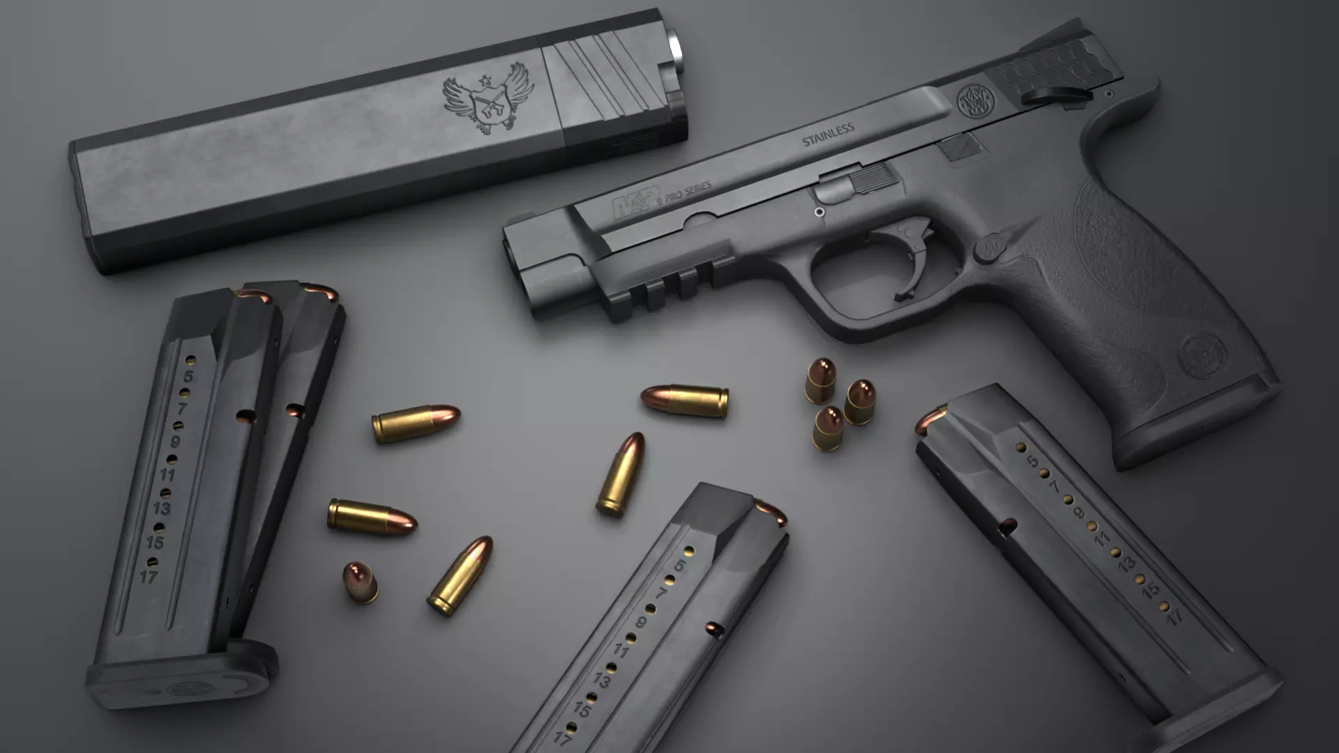 MP9 Pro Series Handgun plus Osprey Suppressor - Game Asset Low-poly 3D model_0