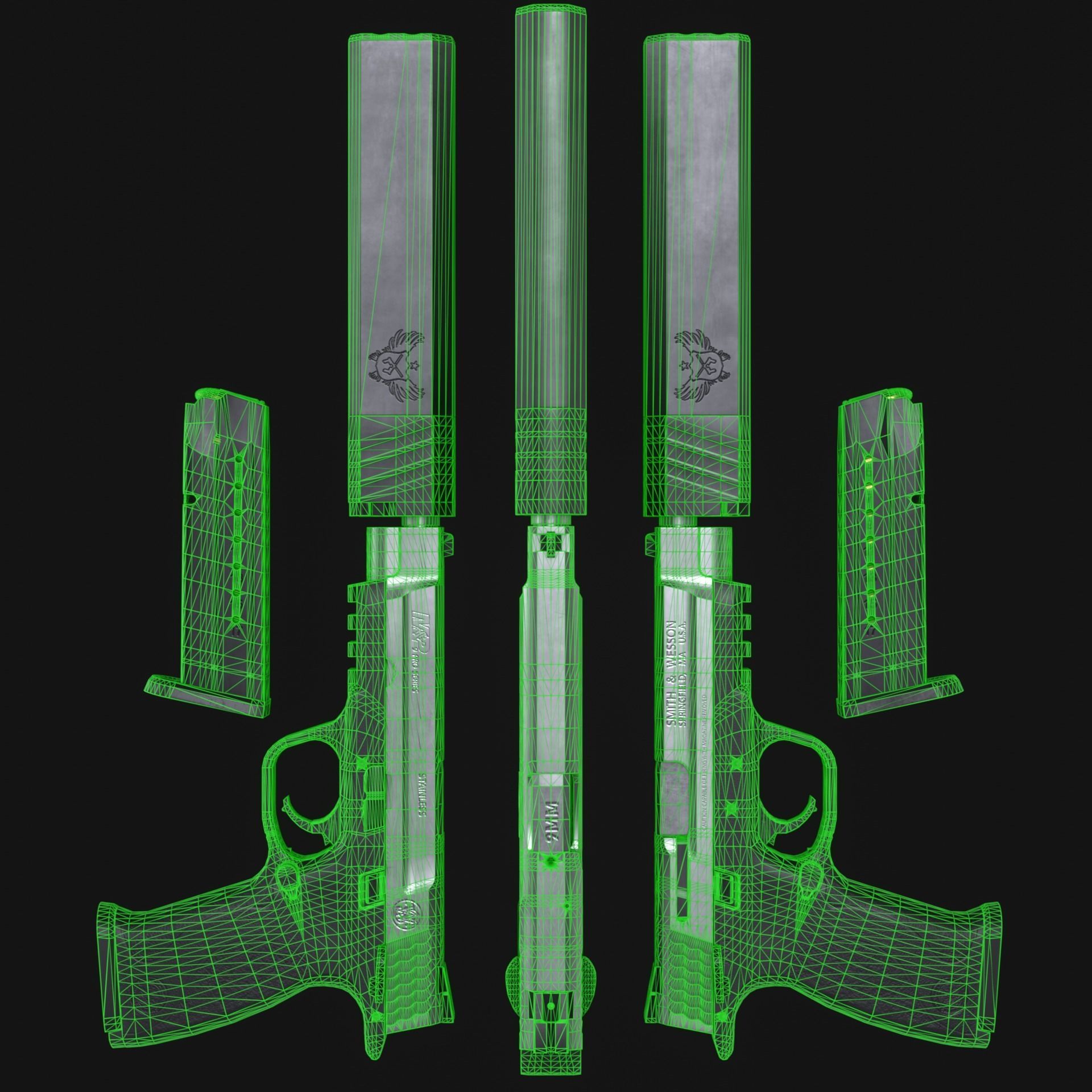 MP9 Pro Series Handgun plus Osprey Suppressor - Game Asset Low-poly 3D model_12