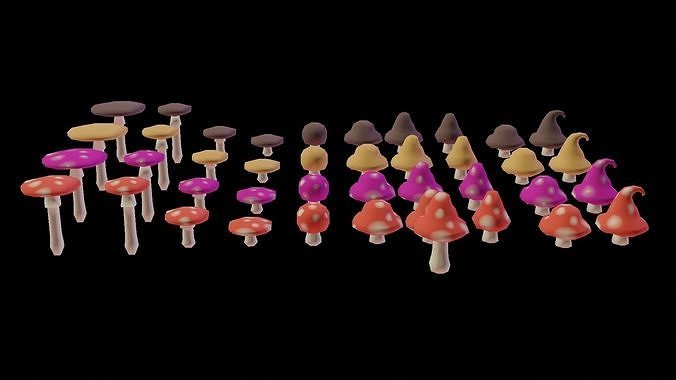 Low-Poly Cartoon Mushrooms Pack Low-poly 3D model