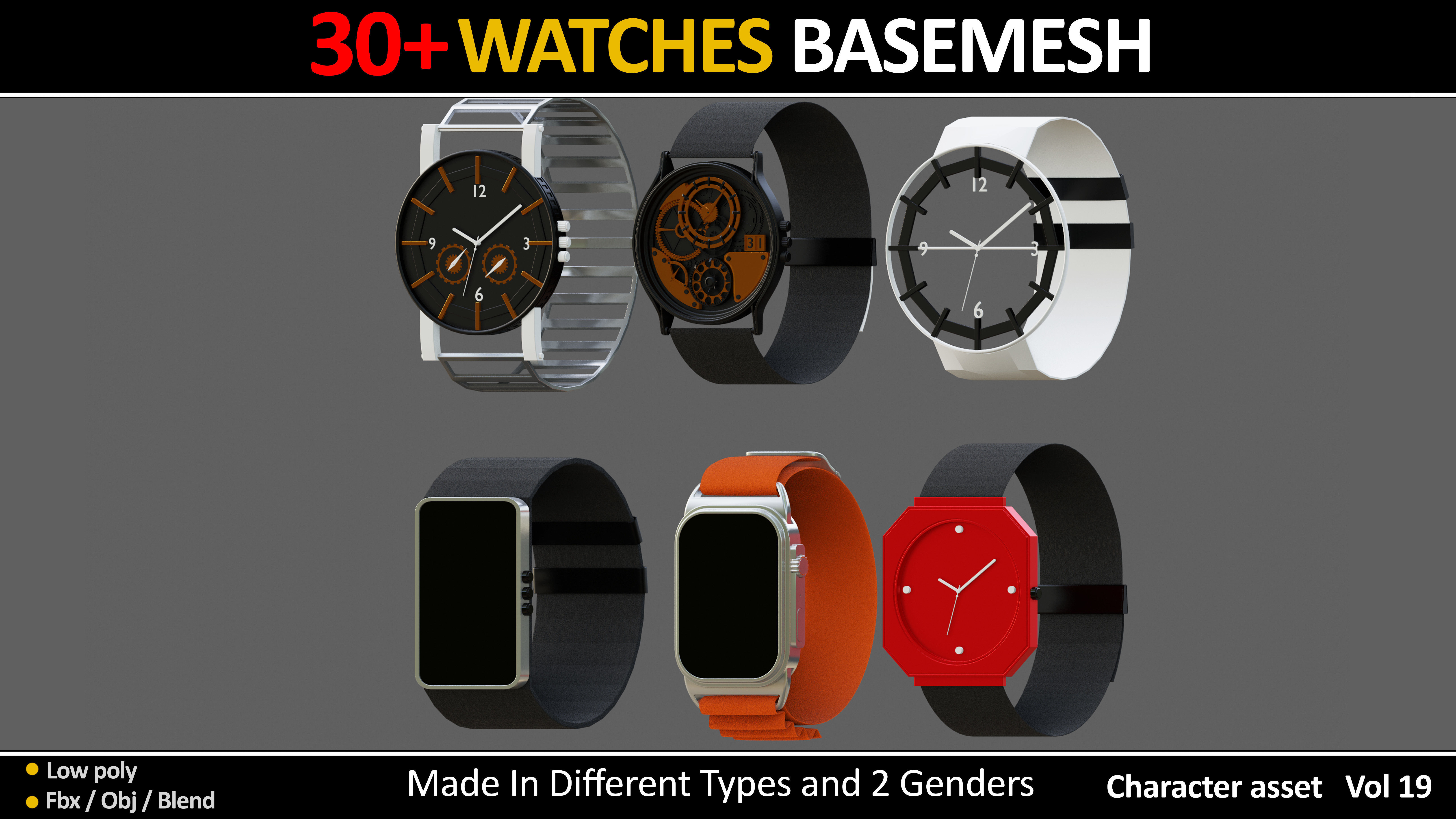 30 WATCHES BASEMESH IN DIFFERENT TYPES VOL 19 Low-poly 3D model_11
