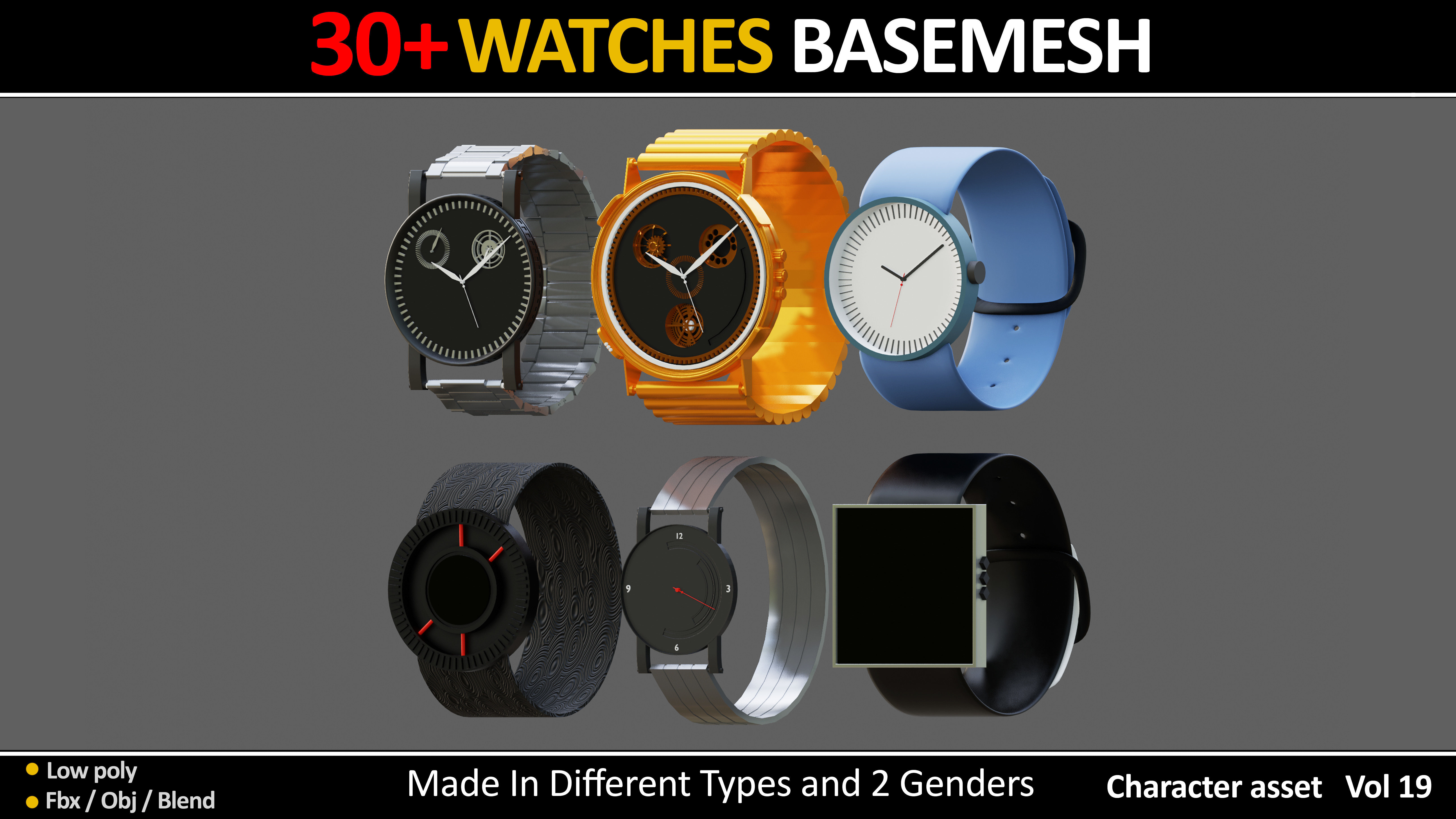 30 WATCHES BASEMESH IN DIFFERENT TYPES VOL 19 Low-poly 3D model_7