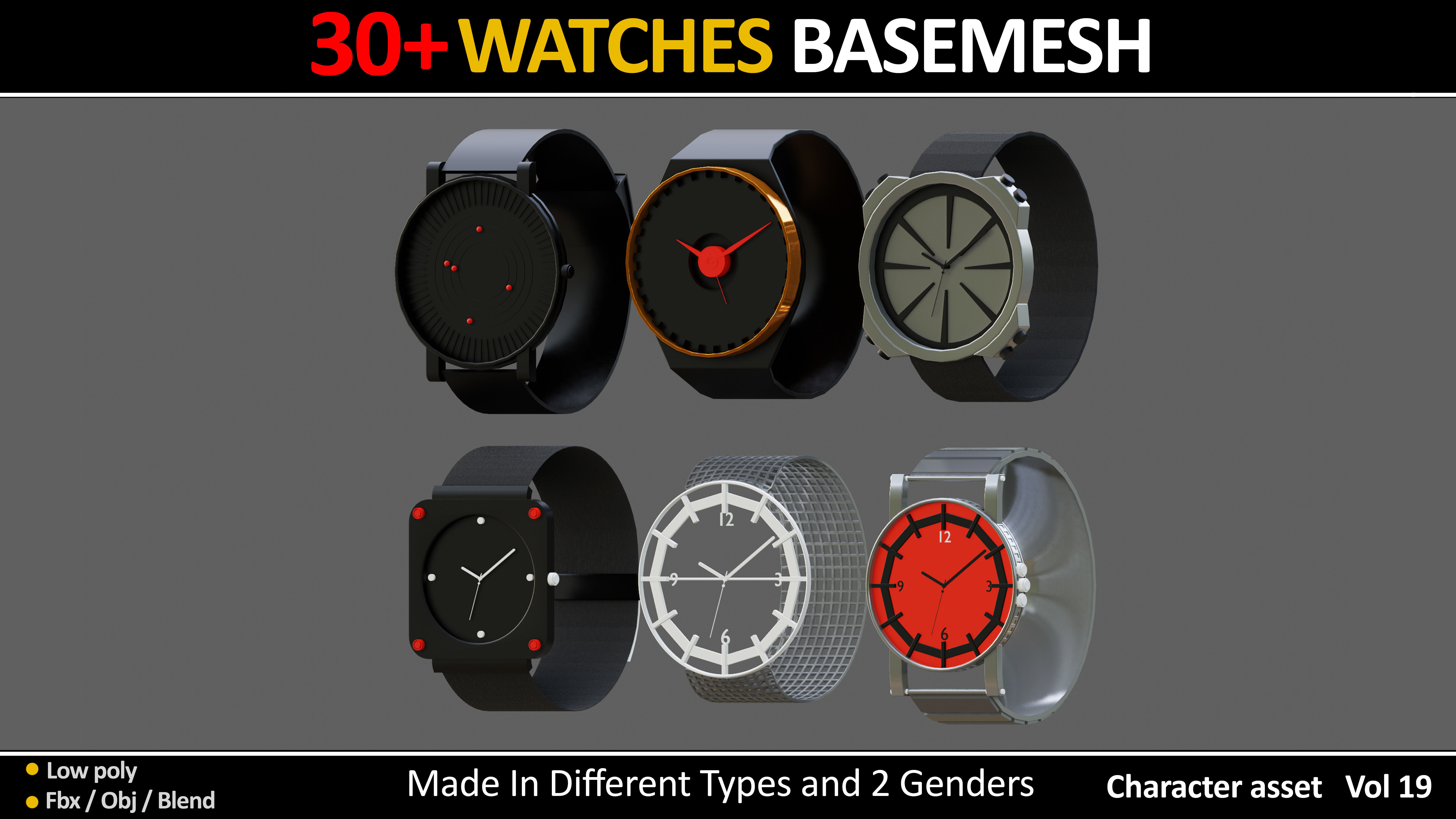 30 WATCHES BASEMESH IN DIFFERENT TYPES VOL 19 Low-poly 3D model_9