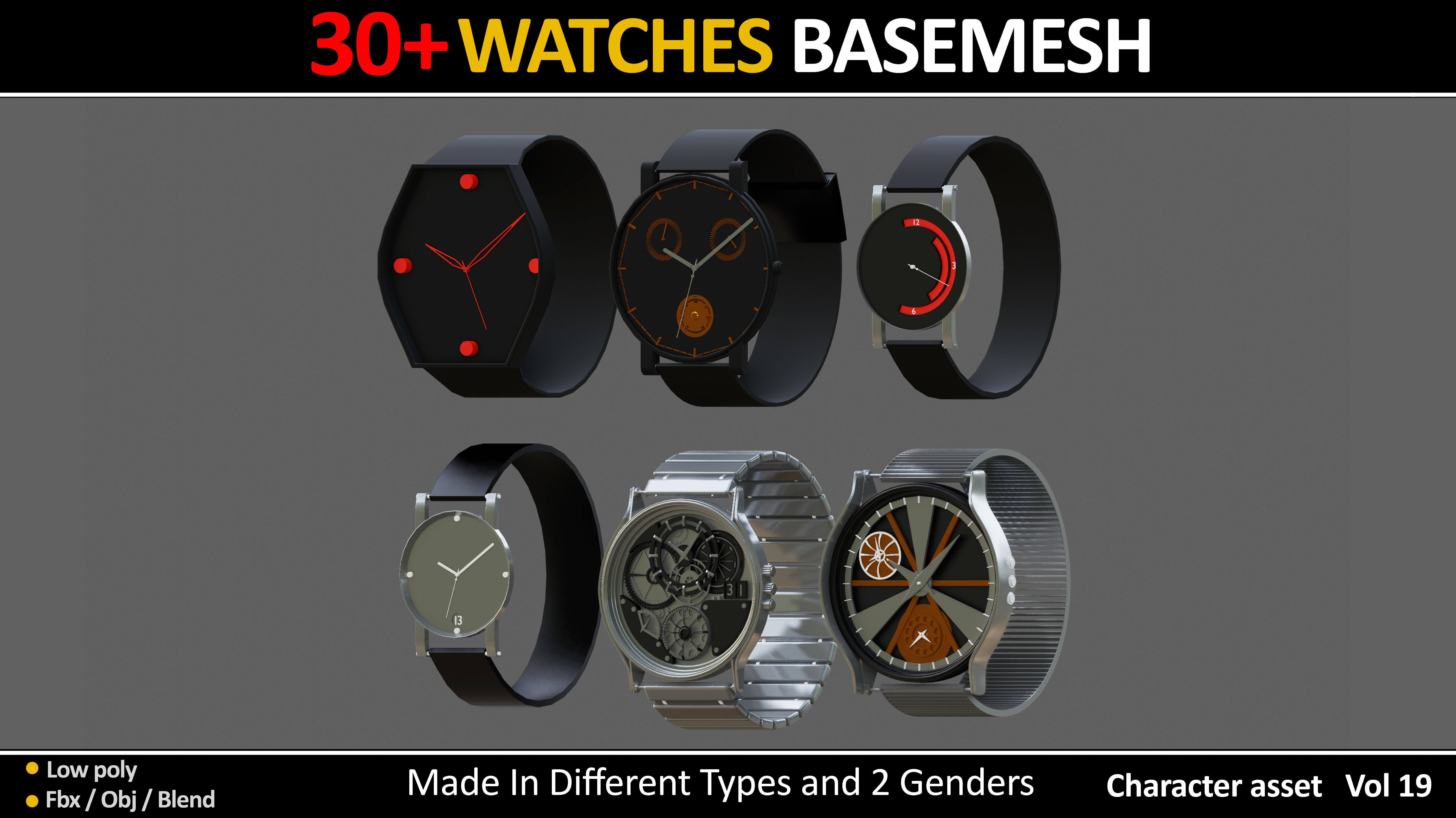 30 WATCHES BASEMESH IN DIFFERENT TYPES VOL 19 Low-poly 3D model_3