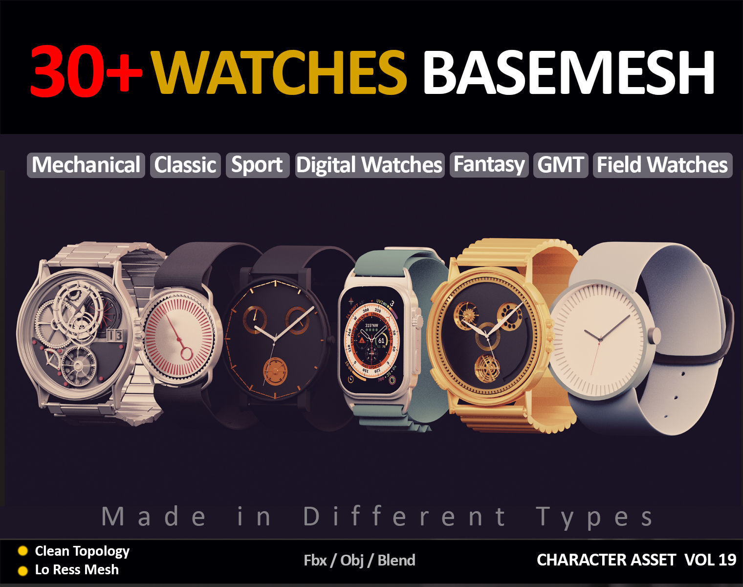 30 WATCHES BASEMESH IN DIFFERENT TYPES VOL 19 Low-poly 3D model_23