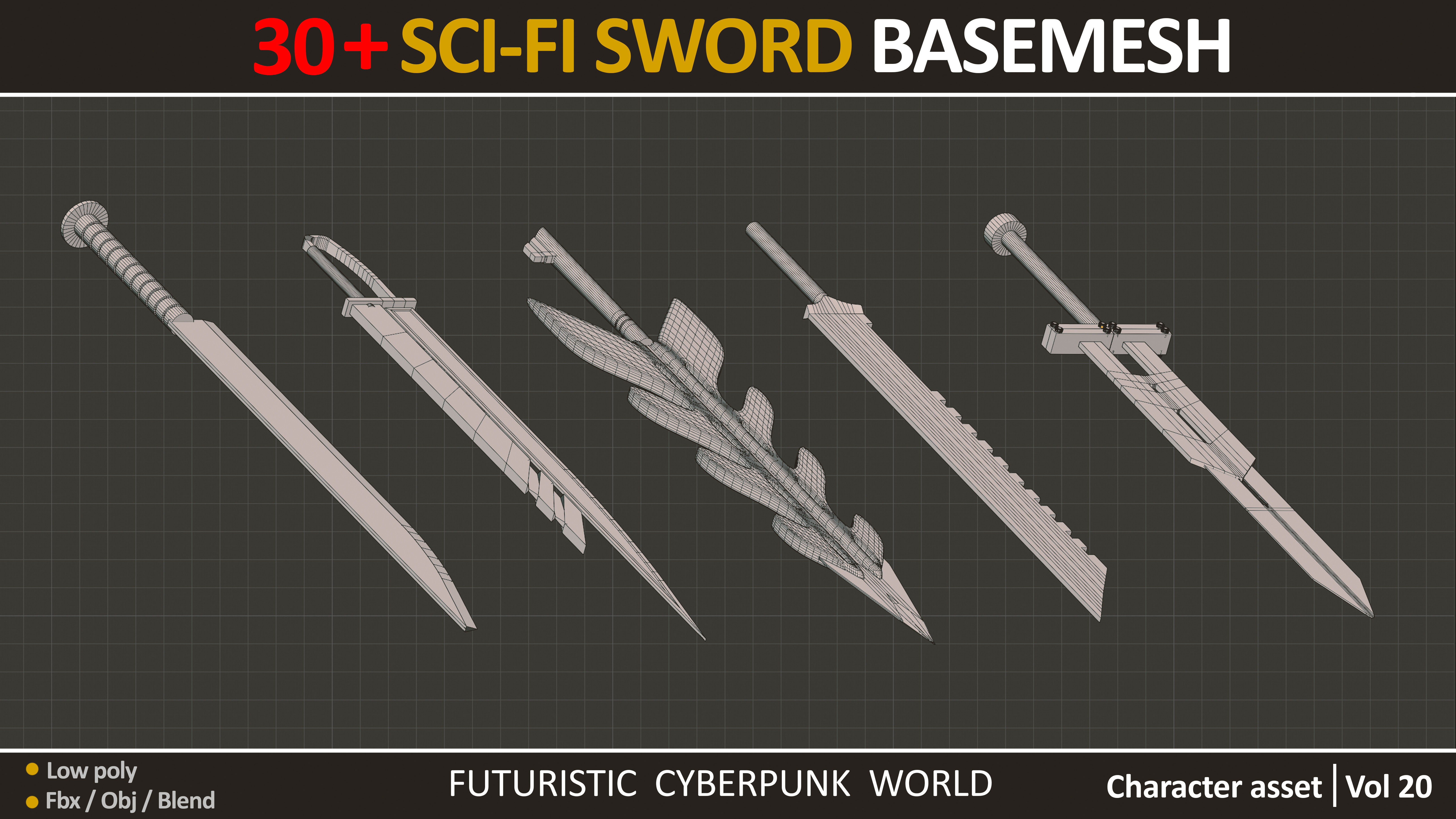 30 SCI FI SWORD BASEMESH  Low-poly 3D model_13