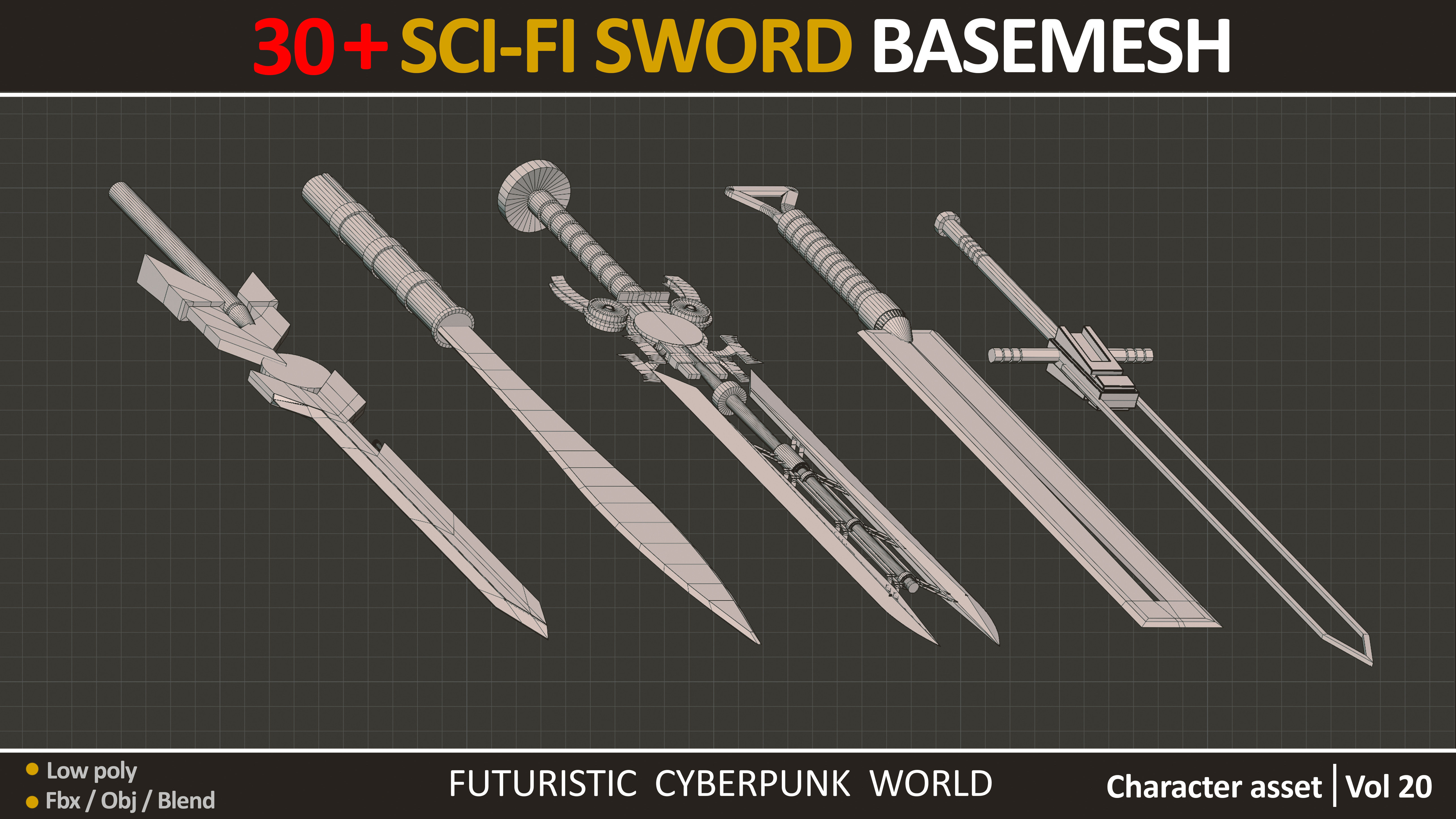 30 SCI FI SWORD BASEMESH  Low-poly 3D model_7