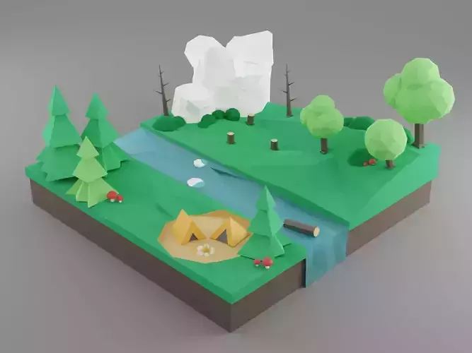 Forrest low-poly forest with trees and river 3D model