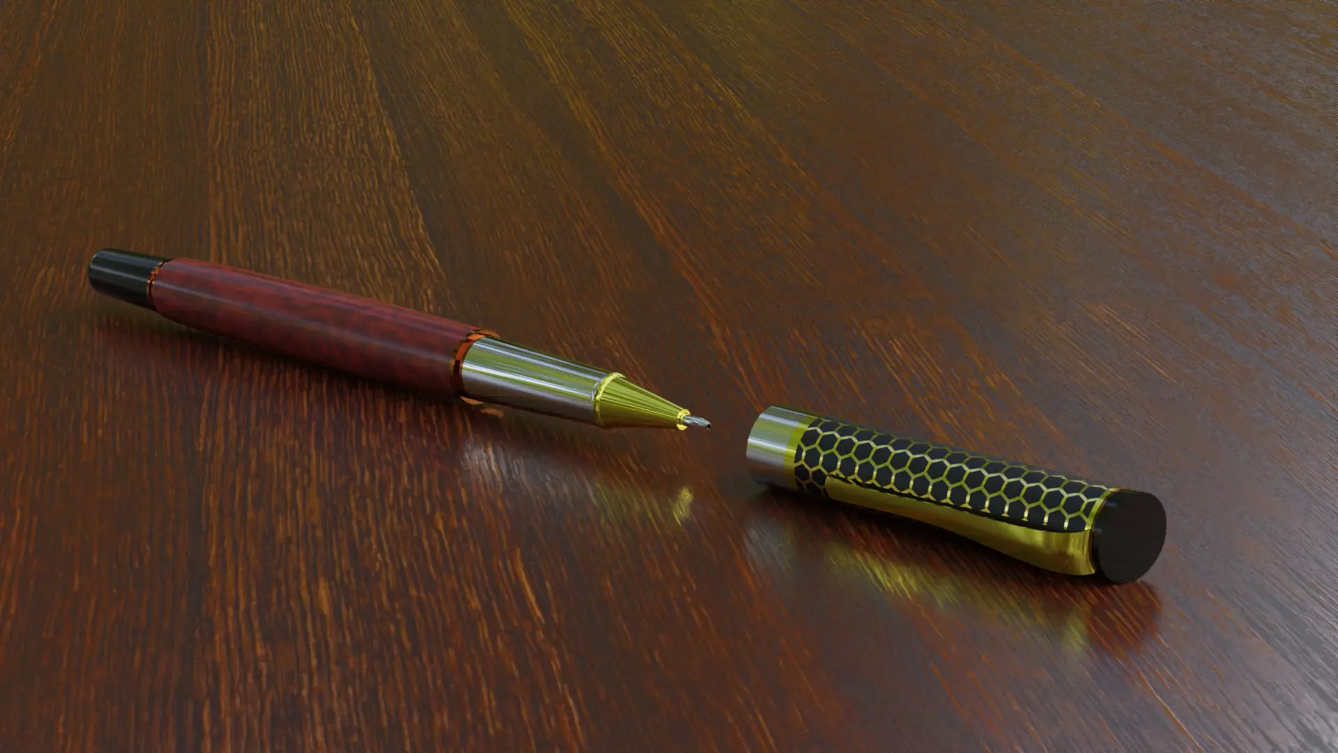 Pen 3D model on wooden table Low-poly 3D model