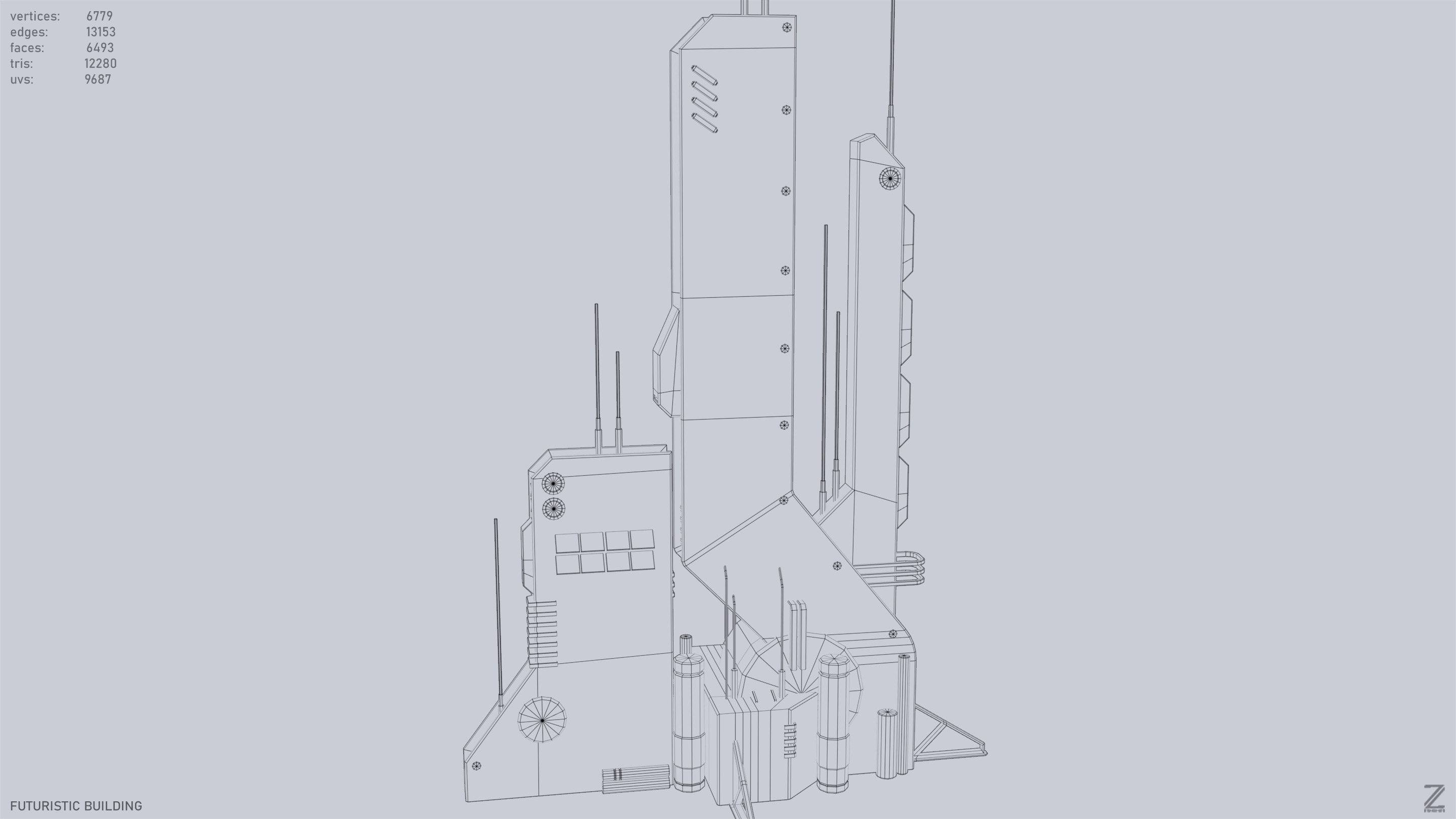 Futuristic building Low-poly 3D model_15