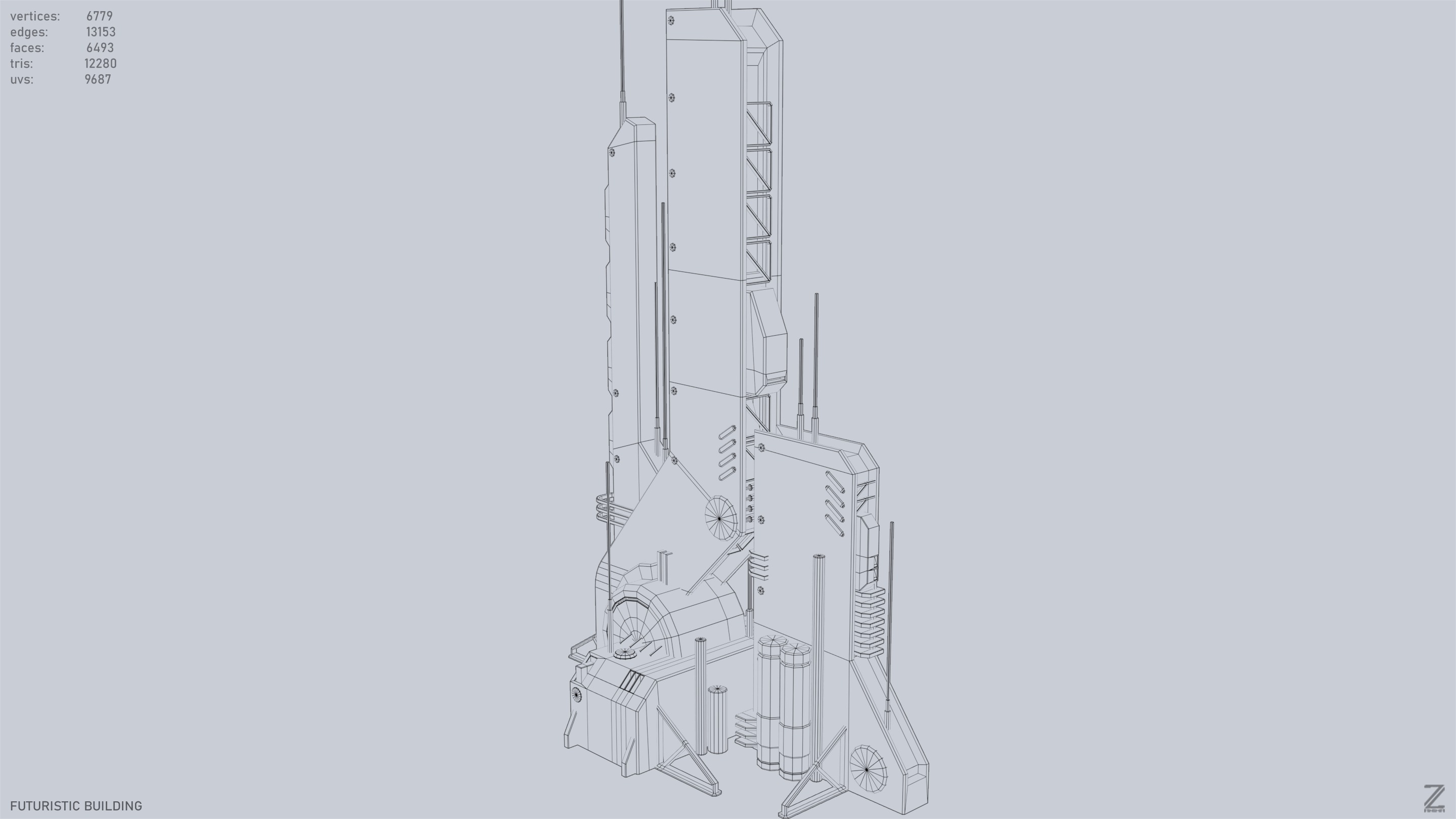 Futuristic building Low-poly 3D model_13