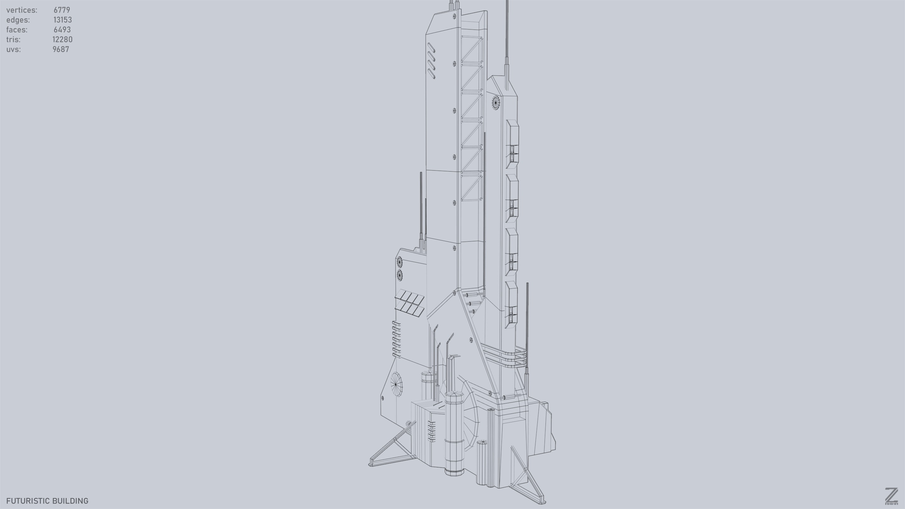 Futuristic building Low-poly 3D model_10