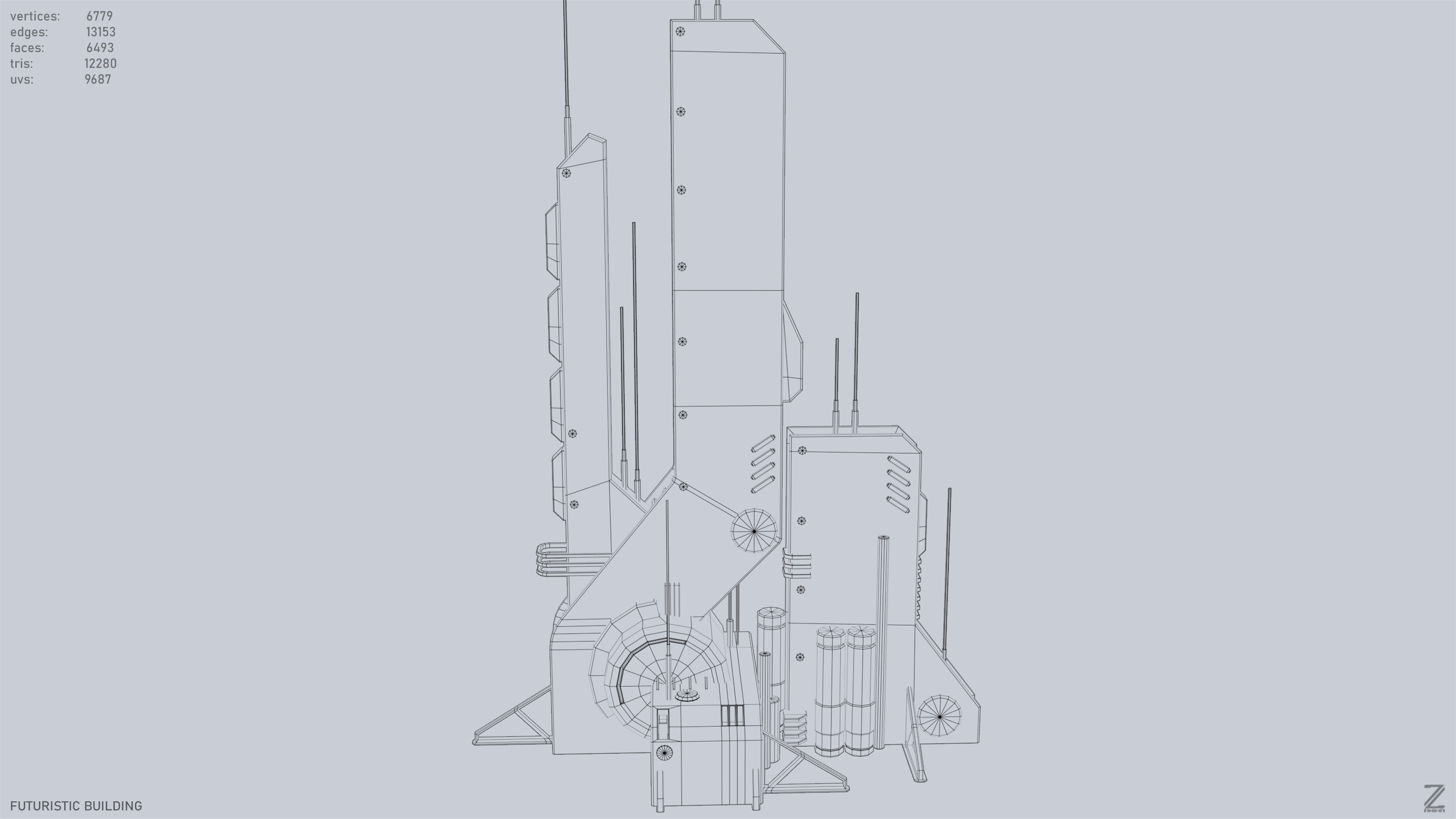 Futuristic building Low-poly 3D model_12