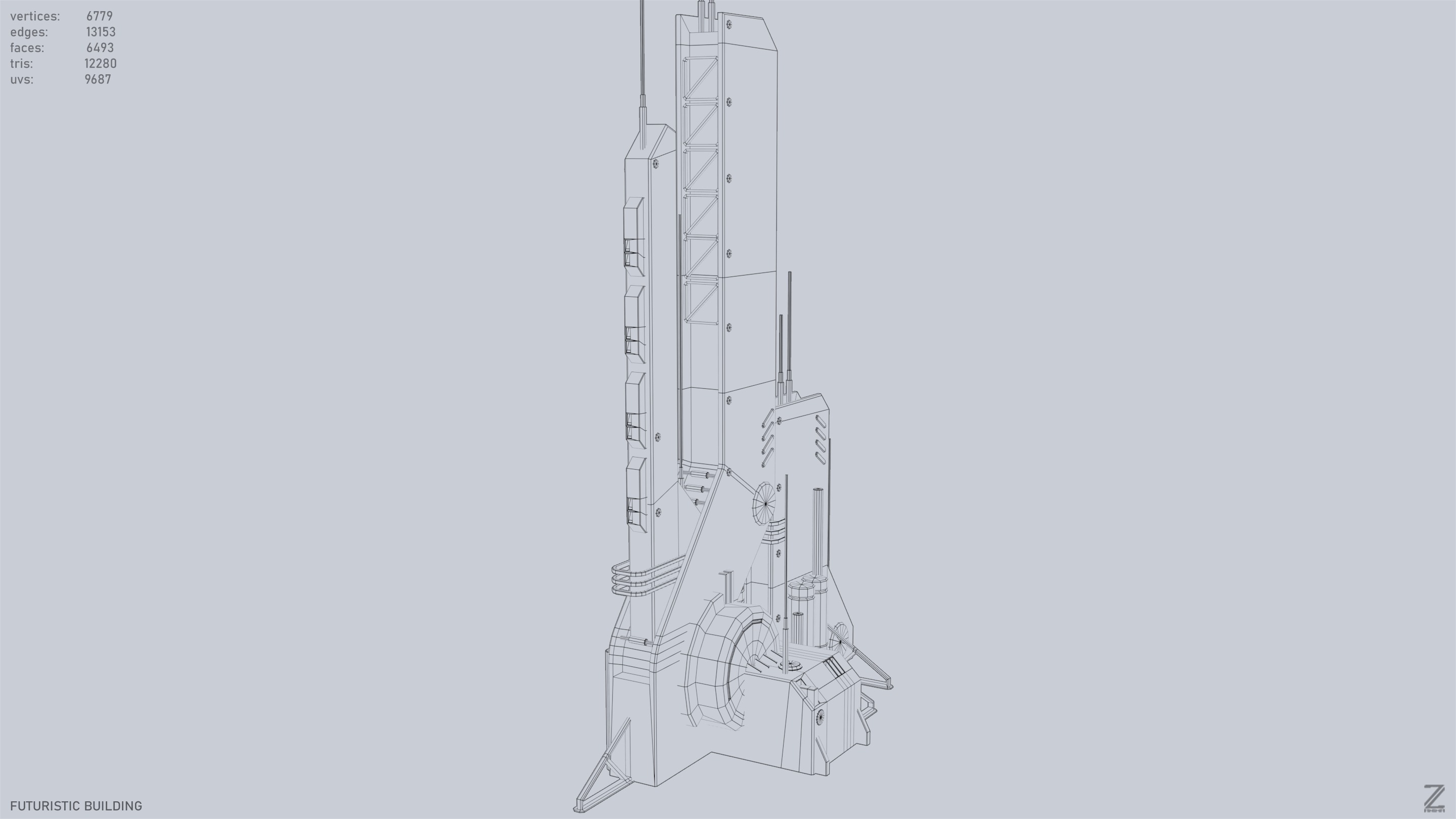 Futuristic building Low-poly 3D model_11