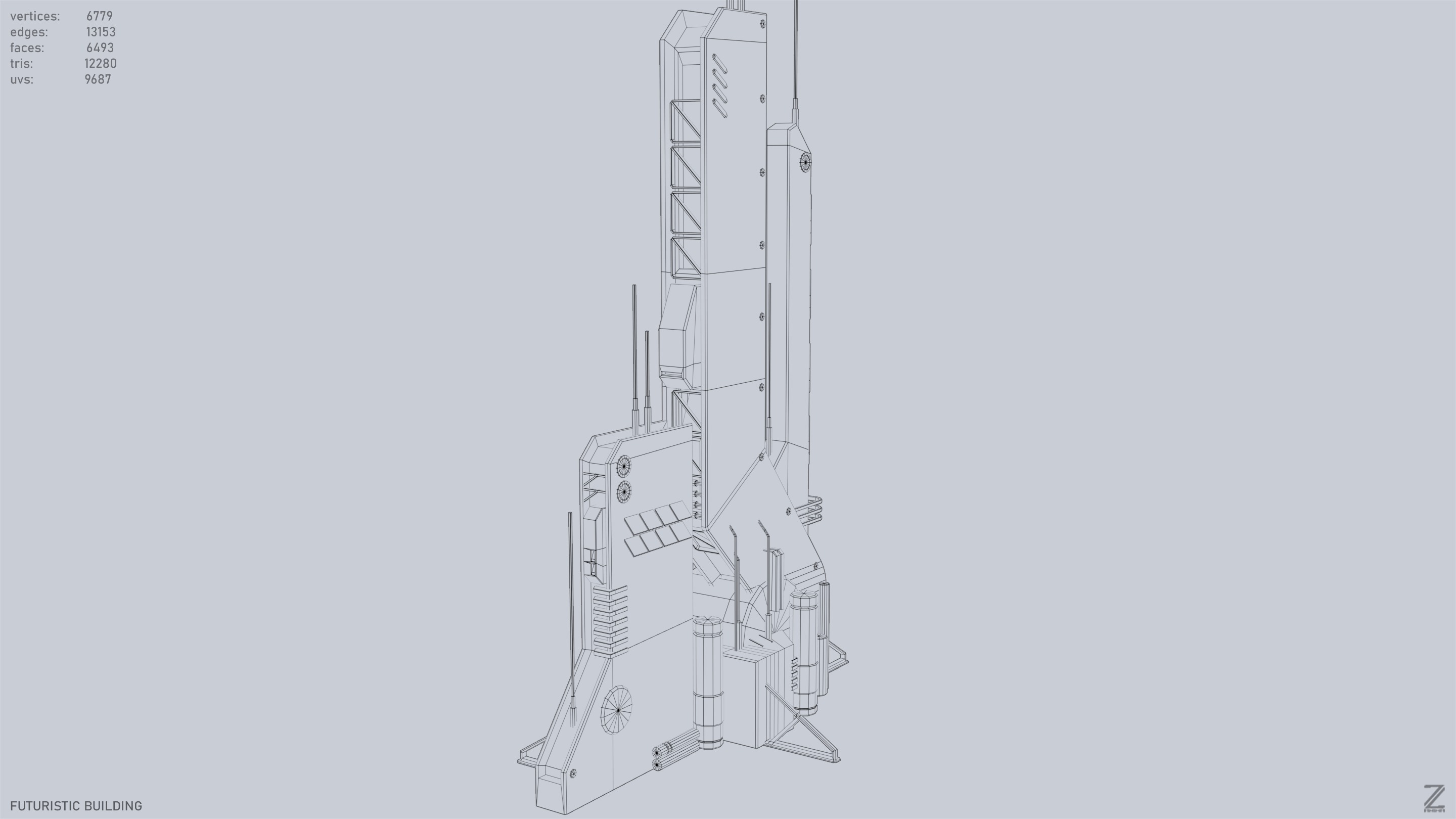 Futuristic building Low-poly 3D model_14