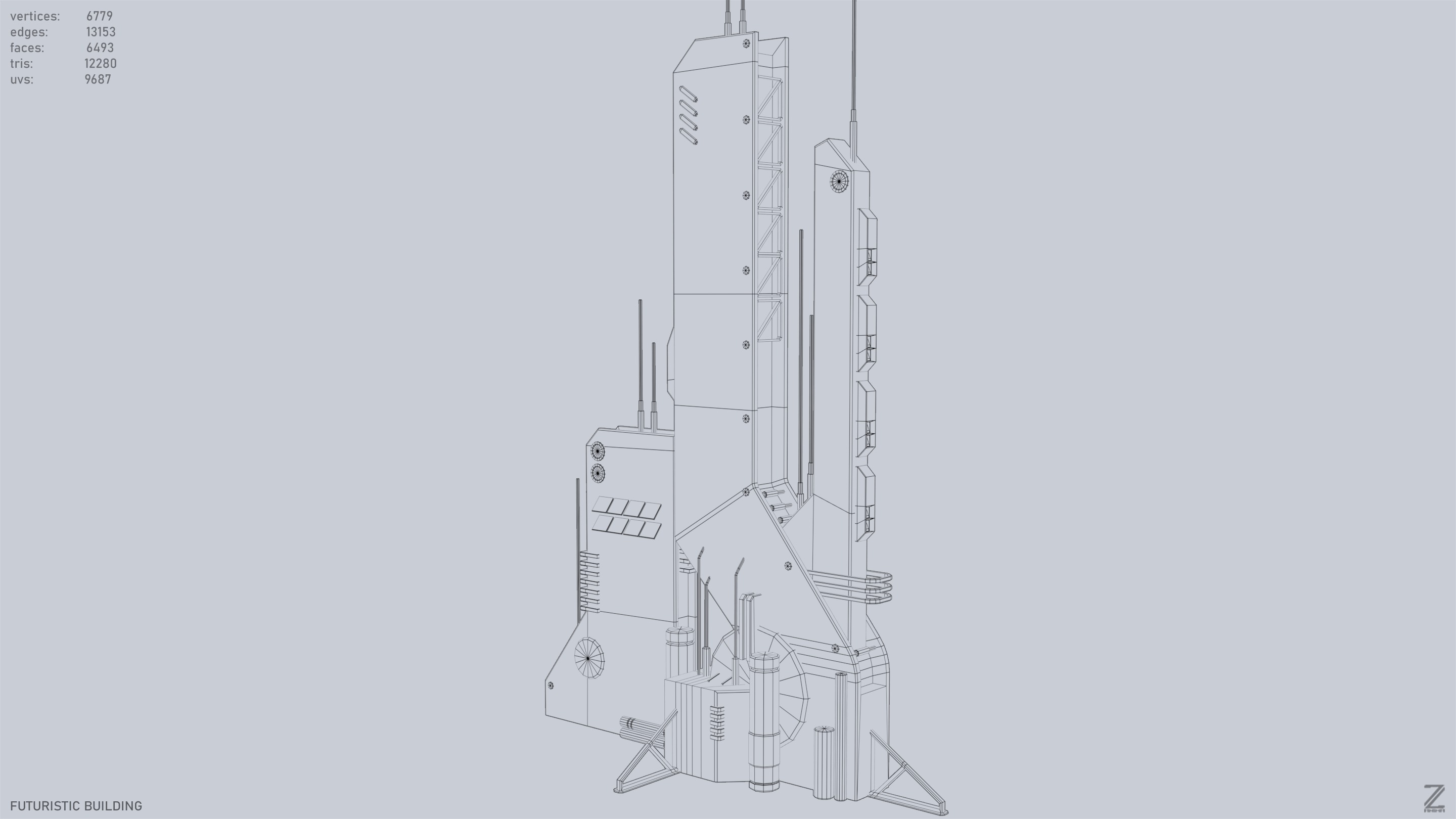 Futuristic building Low-poly 3D model_9