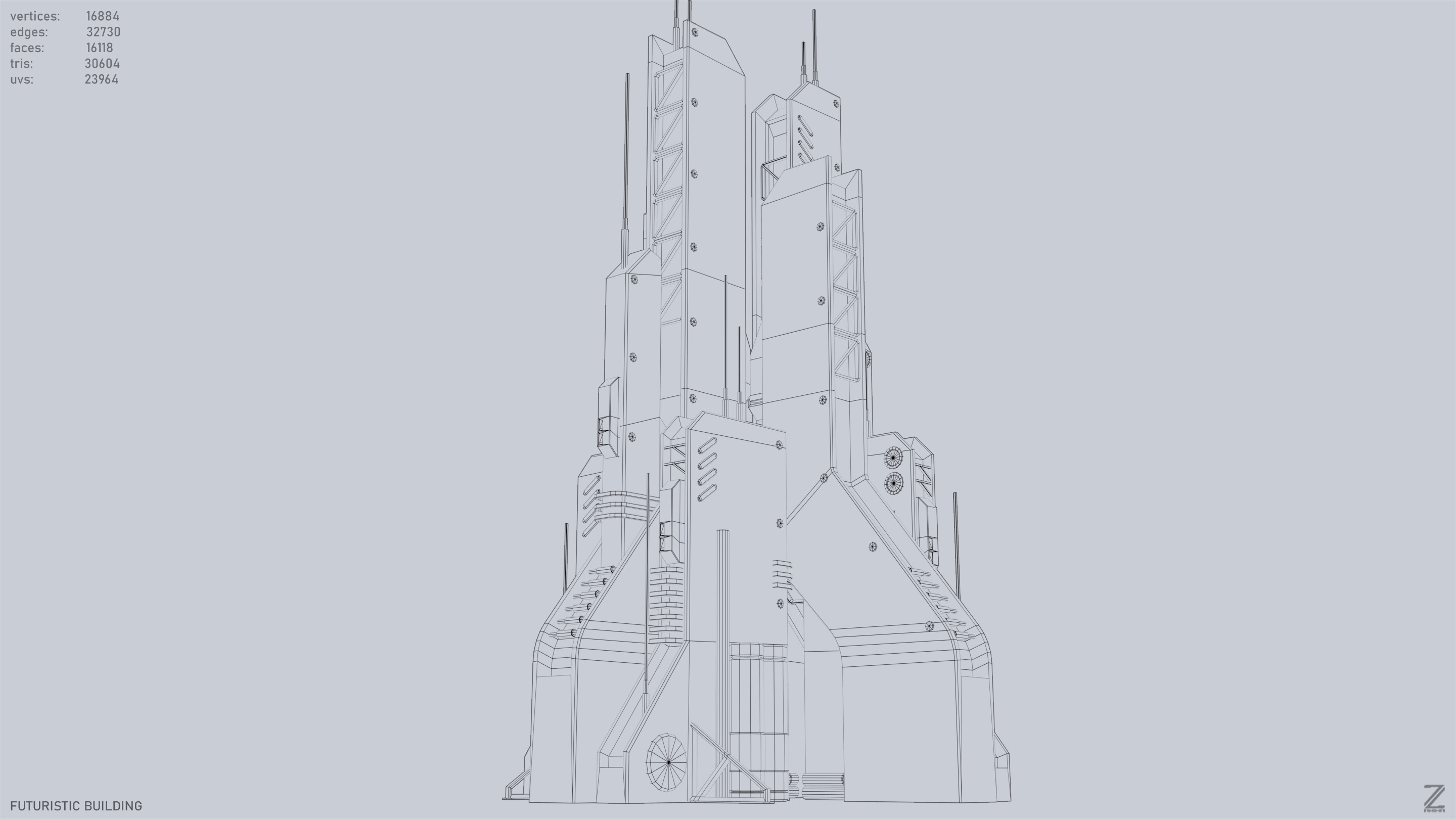 Futuristic building Low-poly 3D model_12