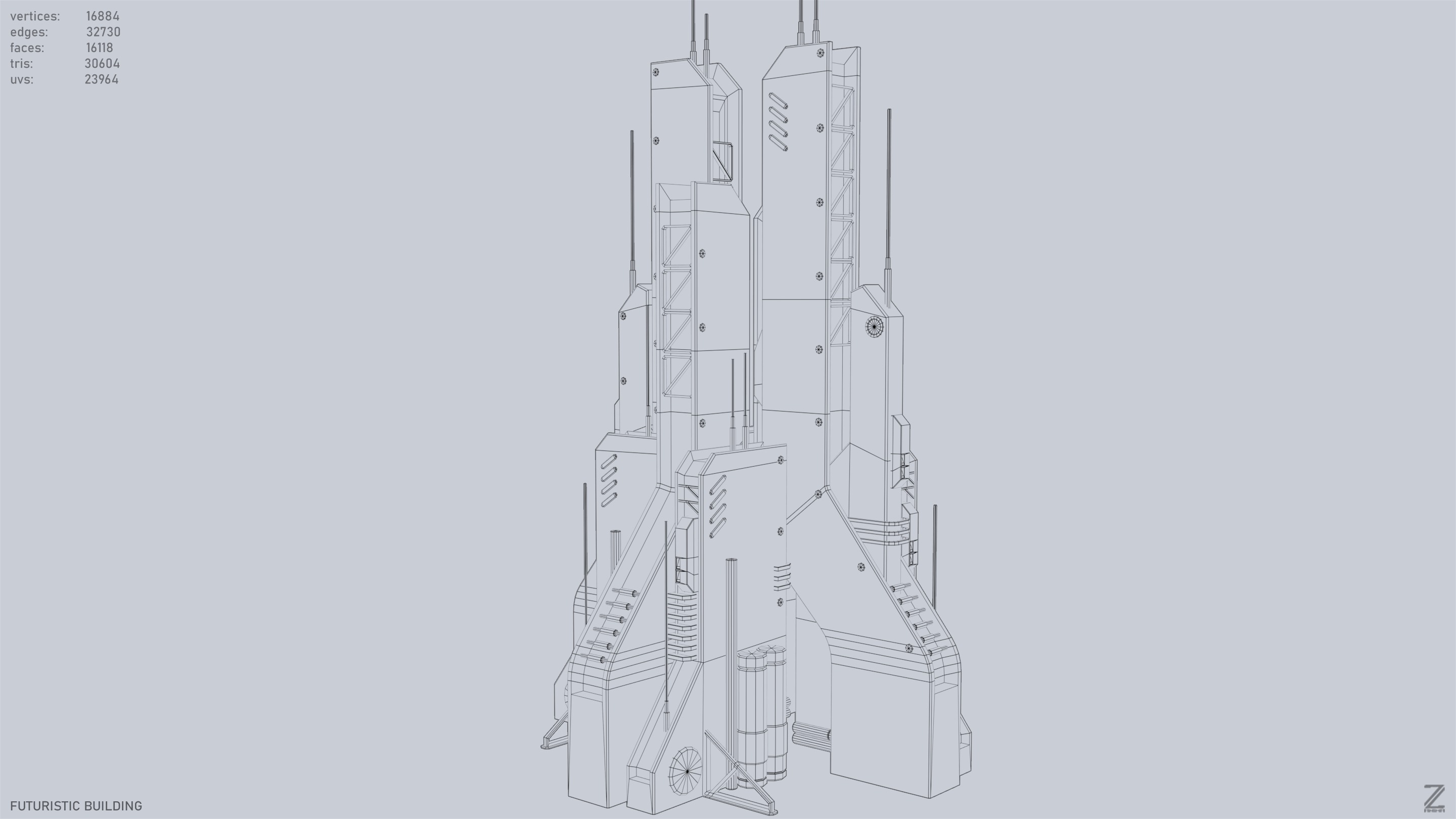 Futuristic building Low-poly 3D model_9
